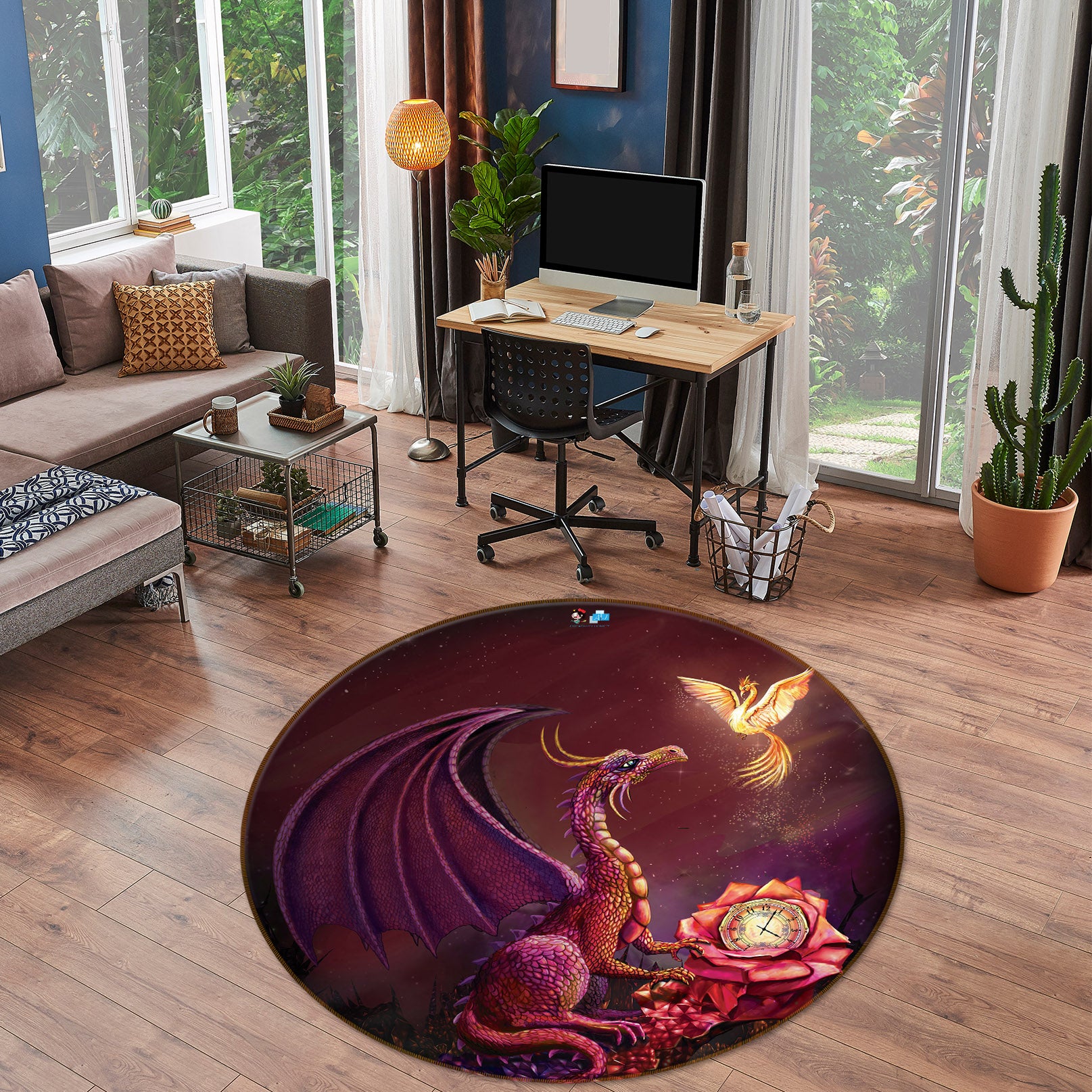 3D Crimson Clock Dinosaur 83176 Rose Catherine Khan Rug Round Non Slip Rug Mat