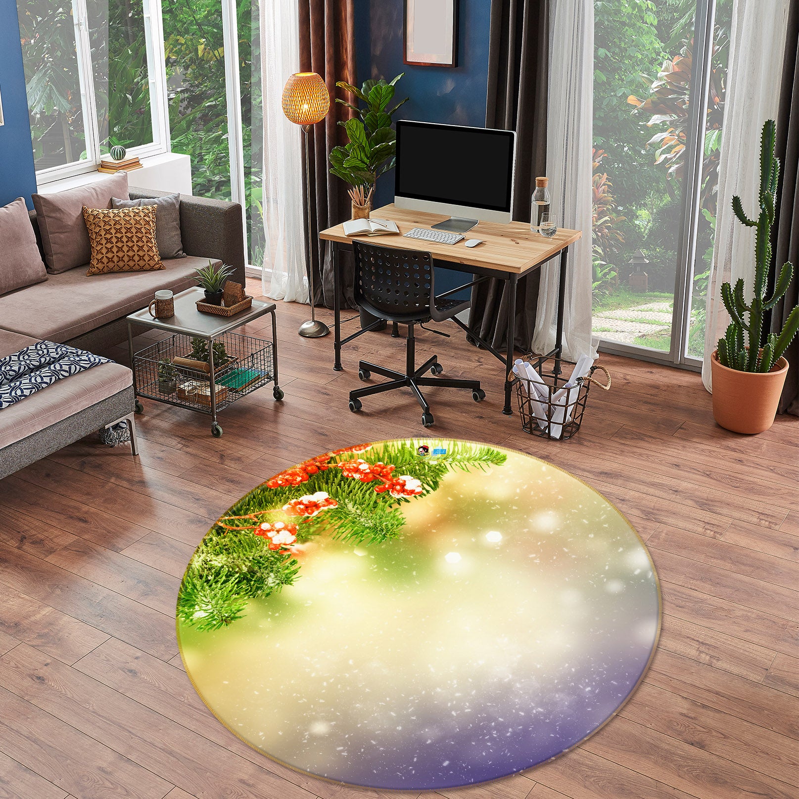 3D Branches Light Shadow 54172 Christmas Round Non Slip Rug Mat Xmas