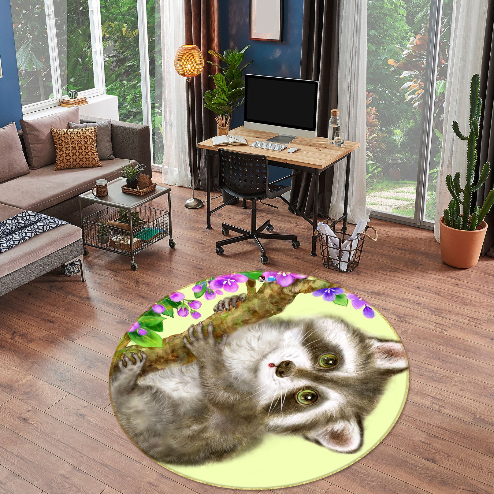 3D Flower Moon Tanuki 6054 Kayomi Harai Rug Round Non Slip Rug Mat