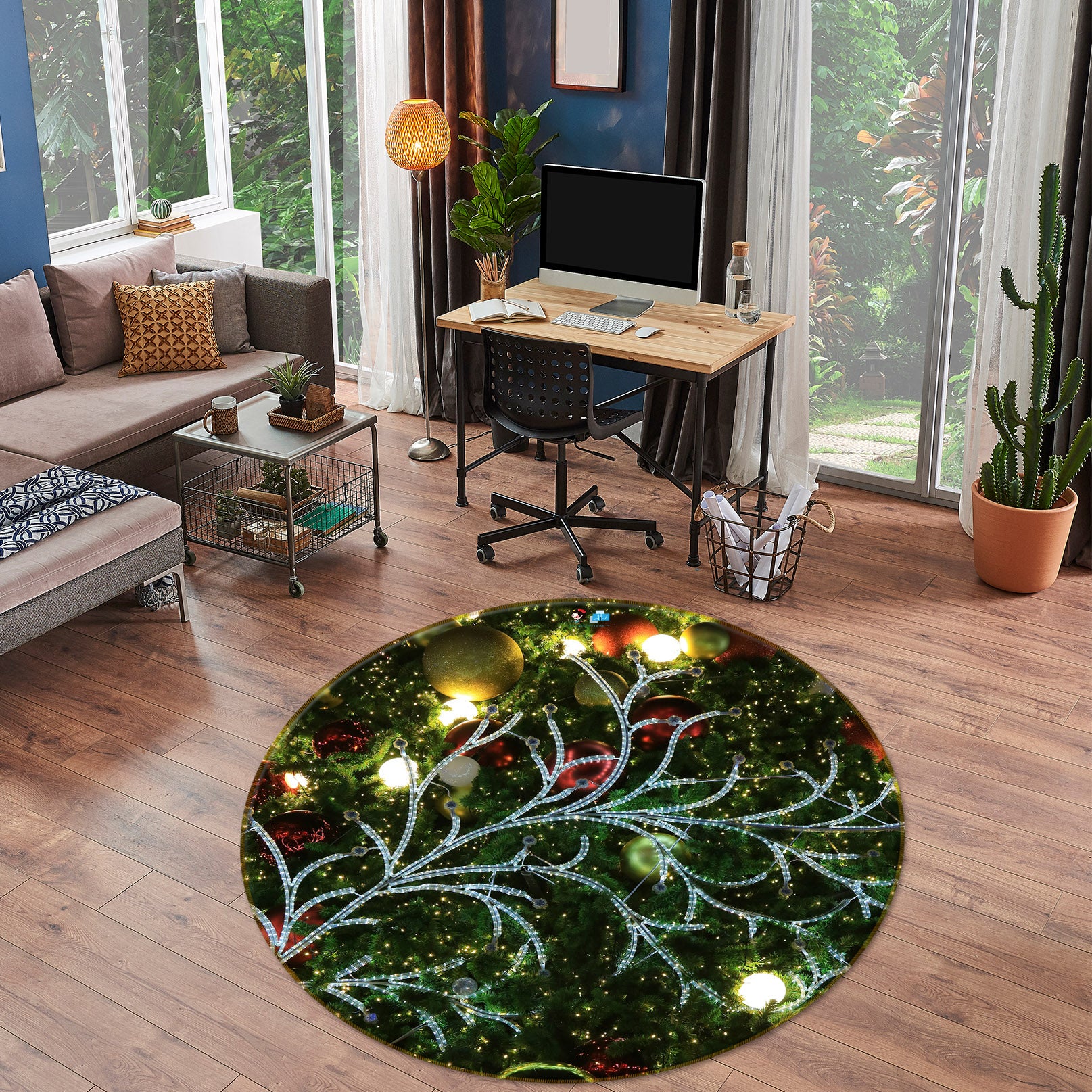3D Branches Light 54173 Christmas Round Non Slip Rug Mat Xmas