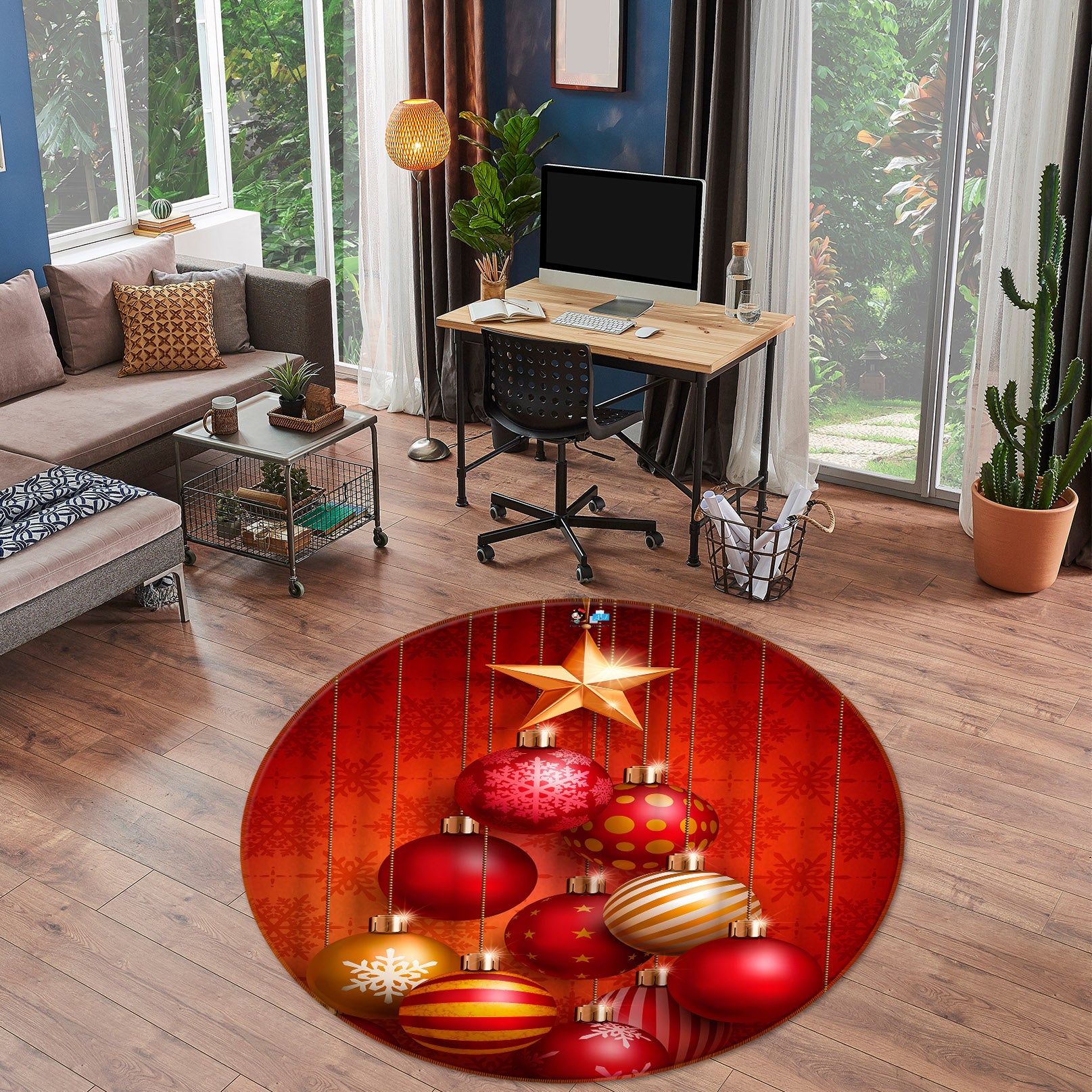 3D Red Ball 54102 Christmas Round Non Slip Rug Mat Xmas