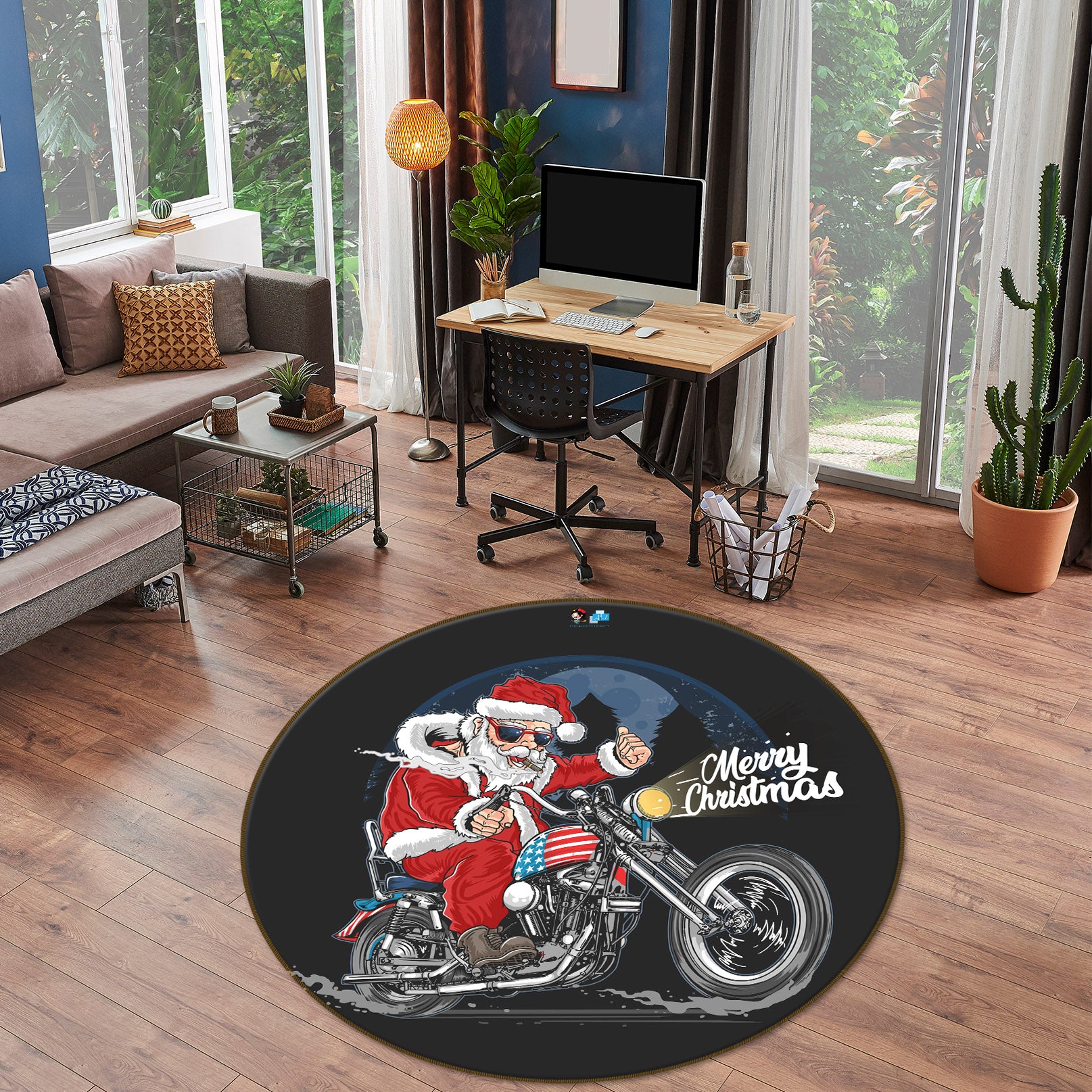 3D Santa Motorcycle 74272 Round Non Slip Rug Mat