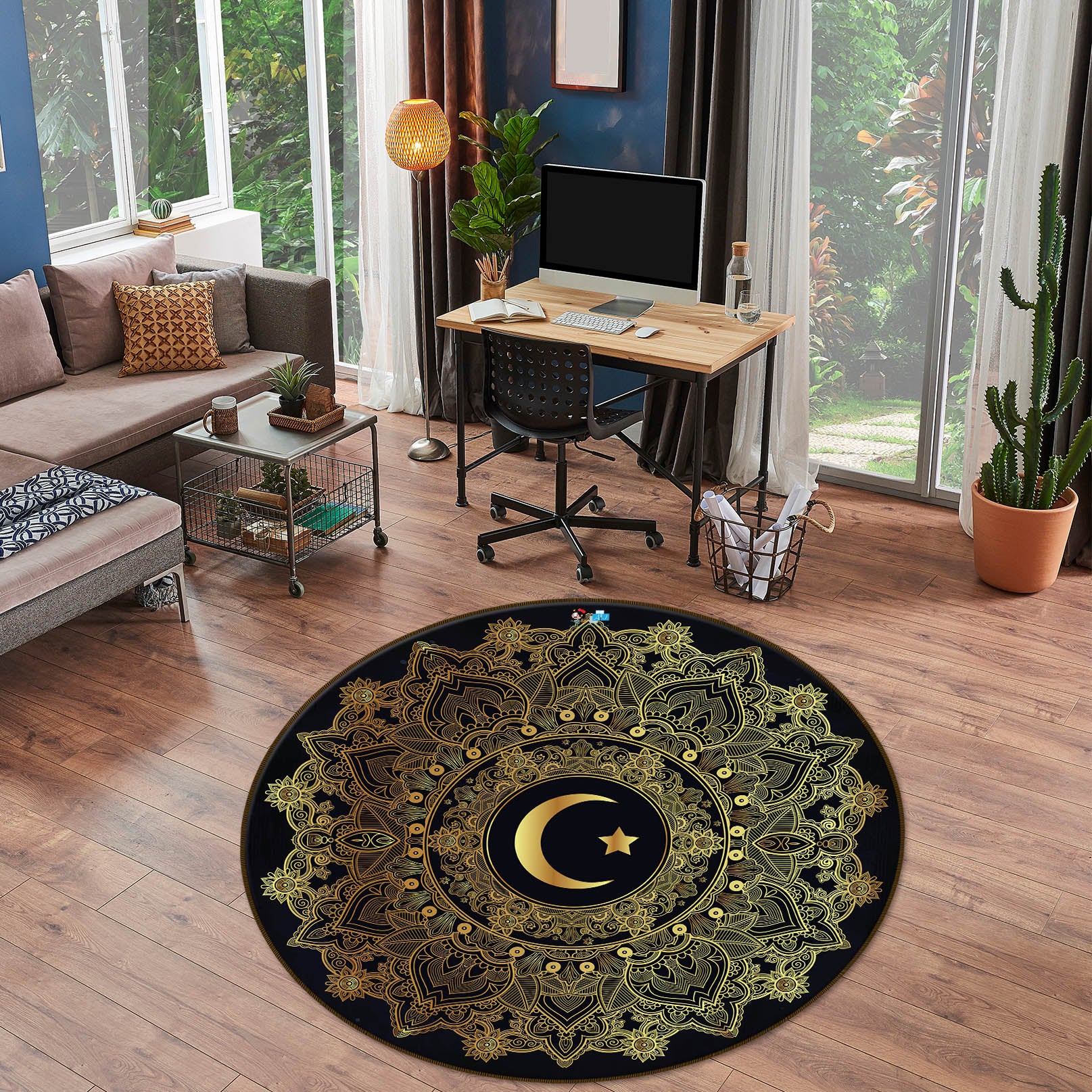 3D Golden Moon Pattern 75028 Round Non Slip Rug Mat