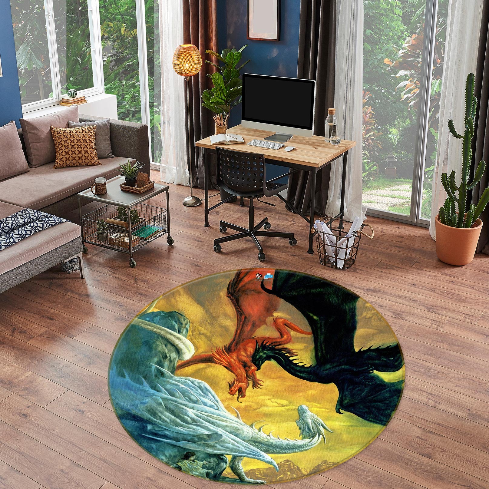 3D White Black Red Dragon 6116 Ciruelo Rug Round Non Slip Rug Mat