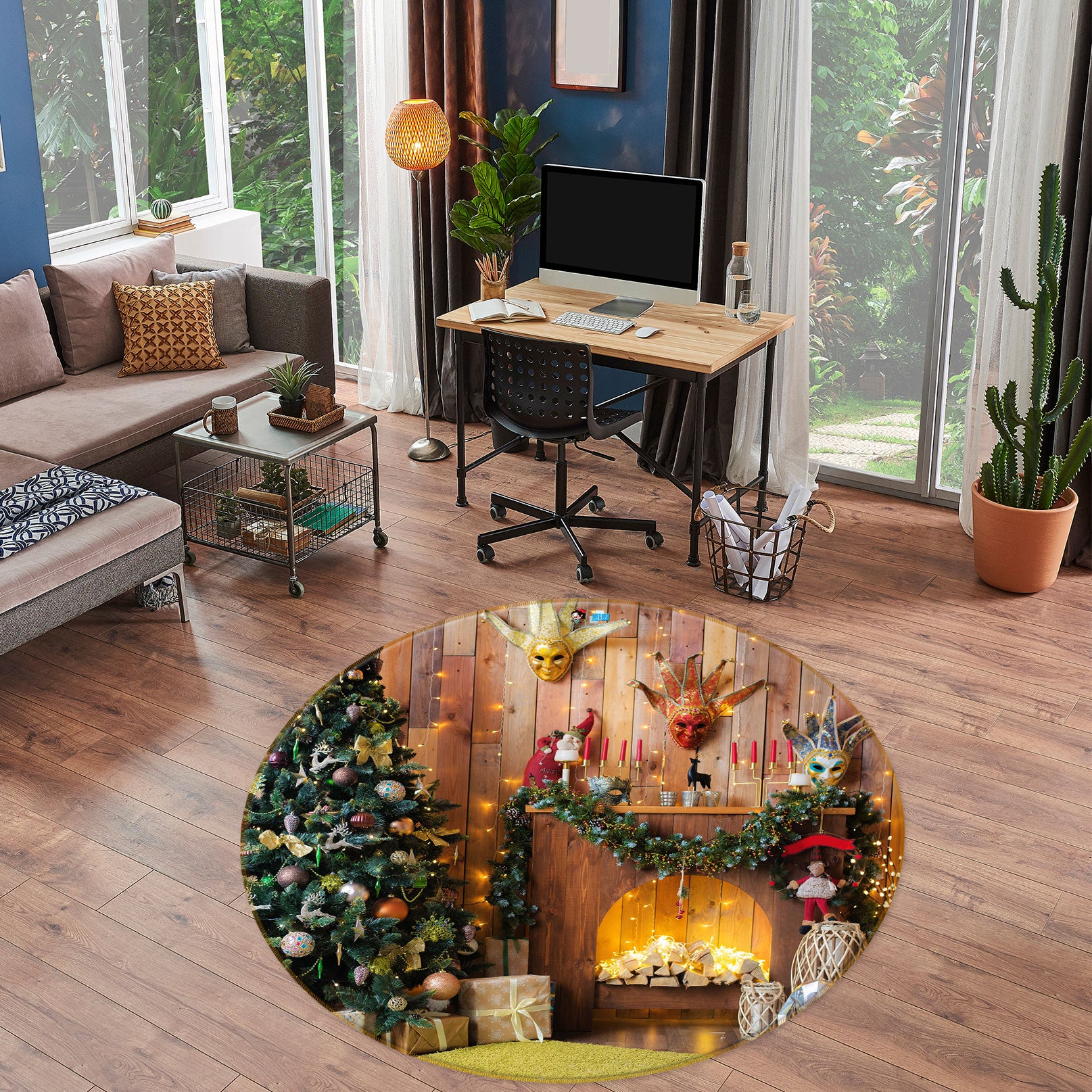 3D Fireplace Tree 54075 Christmas Round Non Slip Rug Mat Xmas