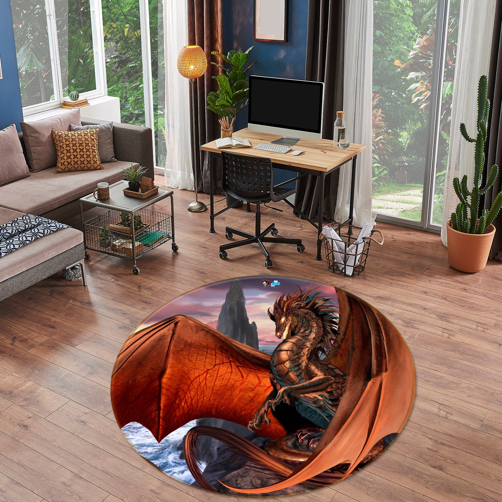 3D Orange Dragon 8360 Ruth Thompson Rug Round Non Slip Rug Mat