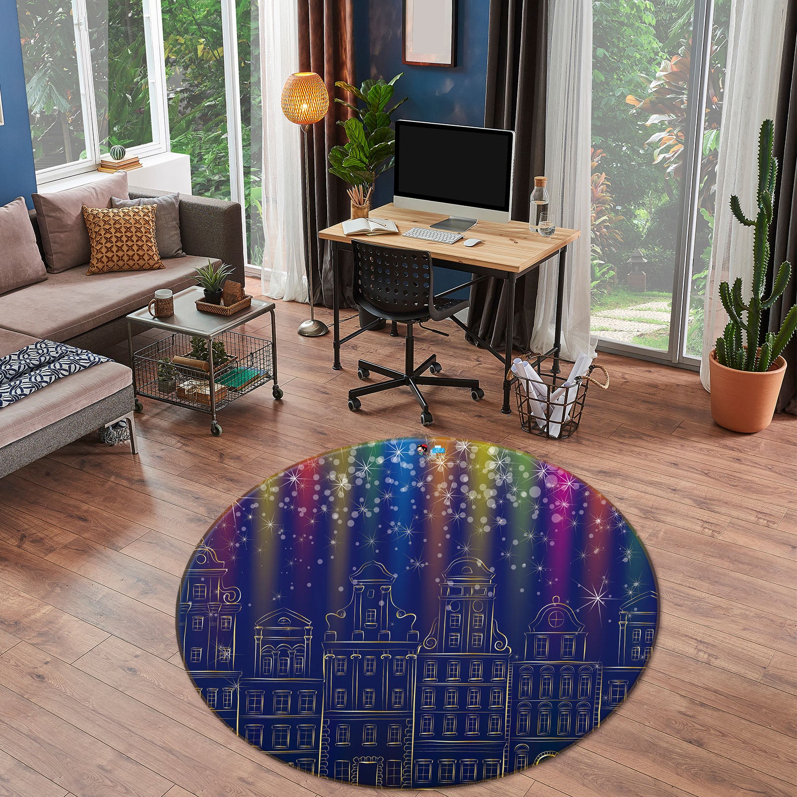 3D Colored Light Houses 54117 Christmas Round Non Slip Rug Mat Xmas