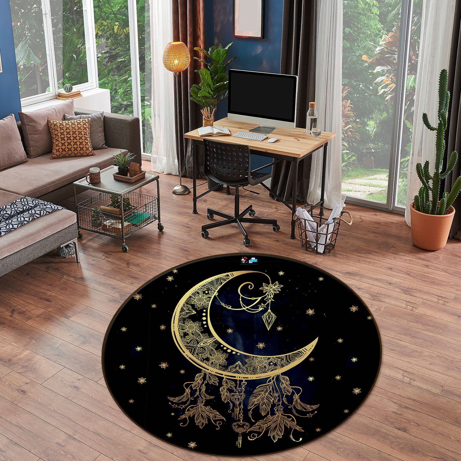 3D Golden Moon Pattern 75121 Round Non Slip Rug Mat