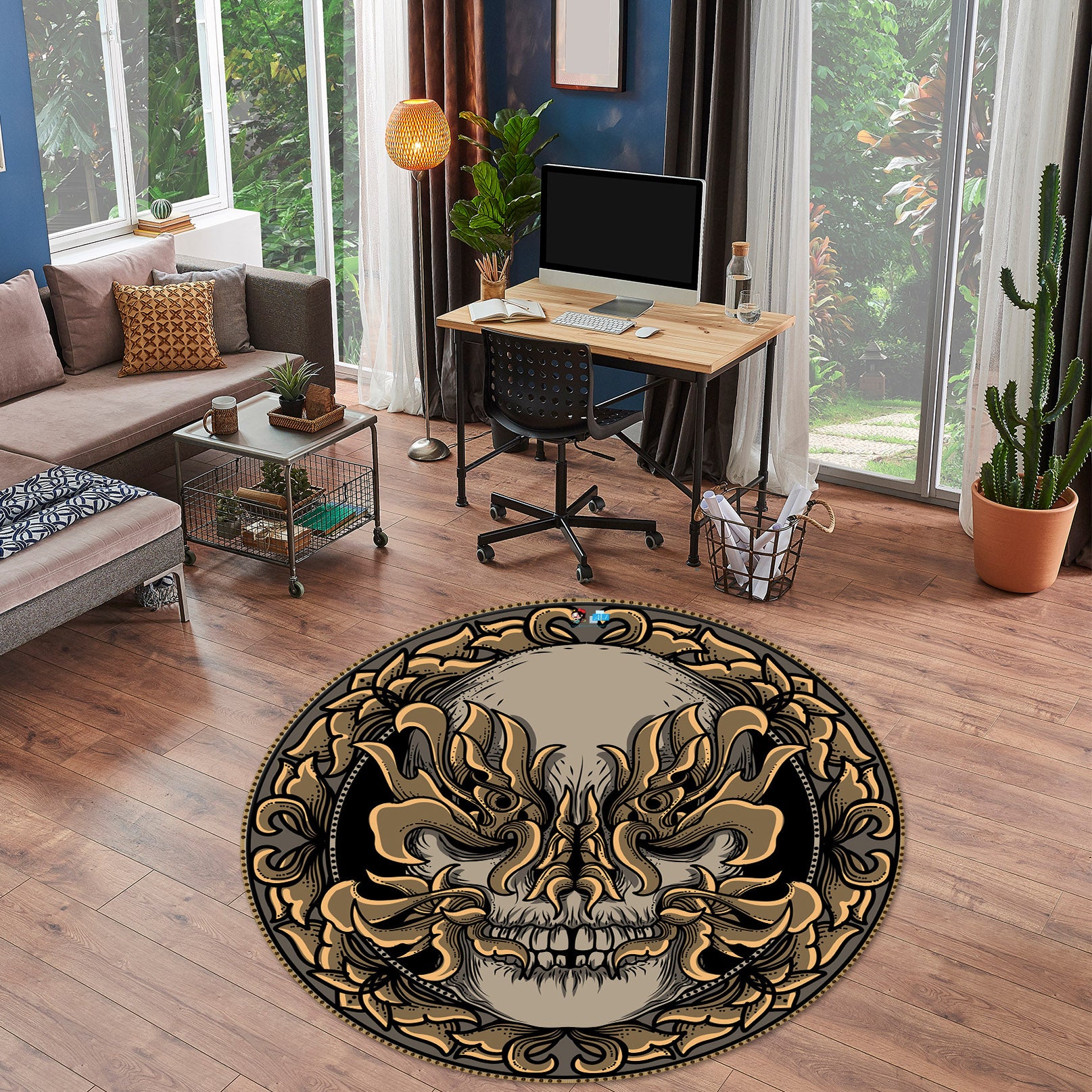 3D Skull Pattern 74221 Round Non Slip Rug Mat