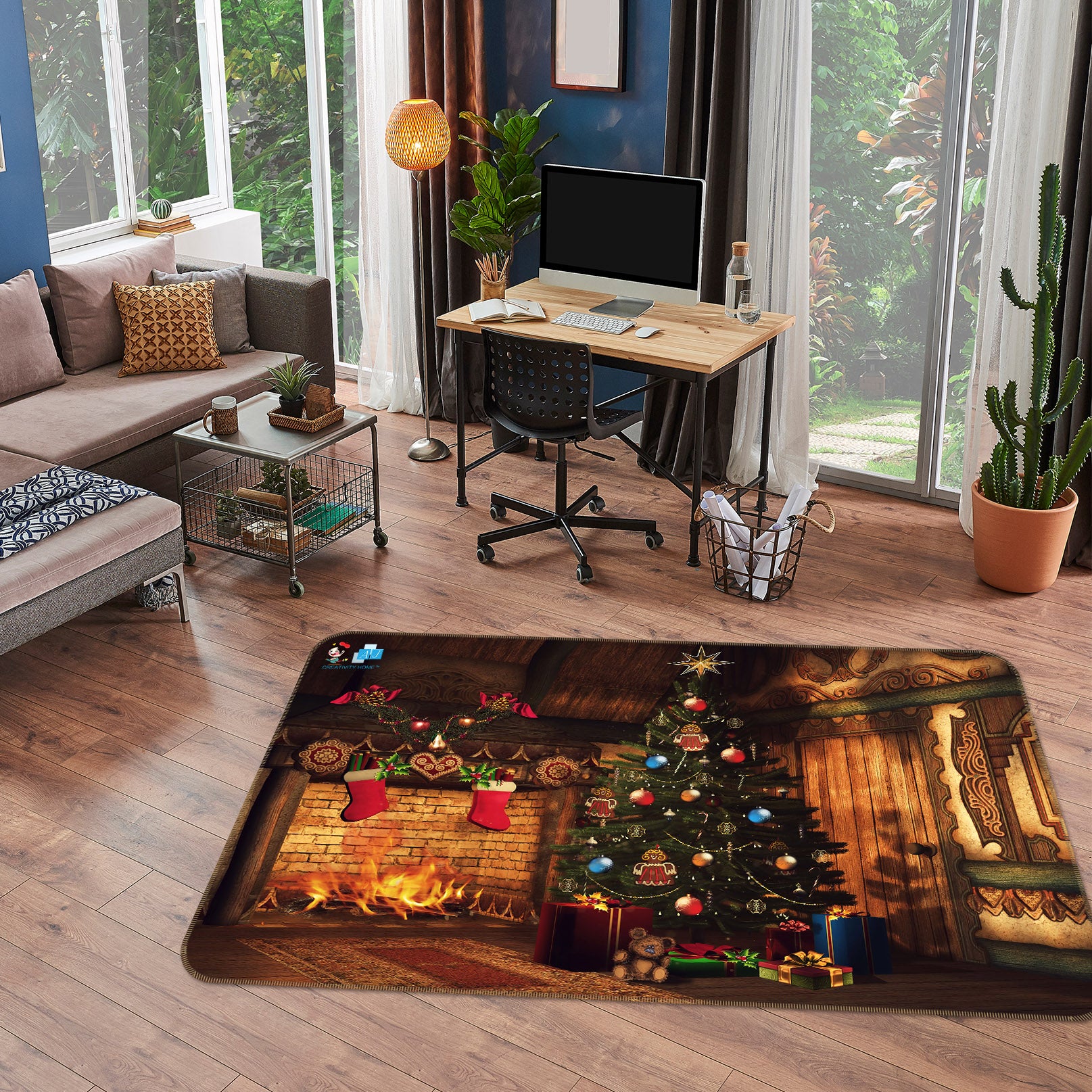 3D Tree Fireplace 55067 Christmas Non Slip Rug Mat Xmas