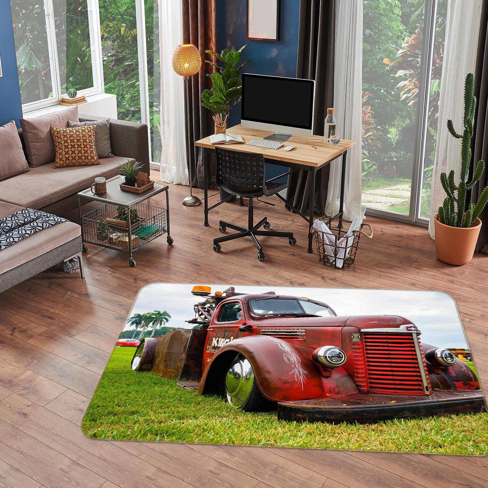 3D Grass Retro Red Car 67230 Vehicle Non Slip Rug Mat