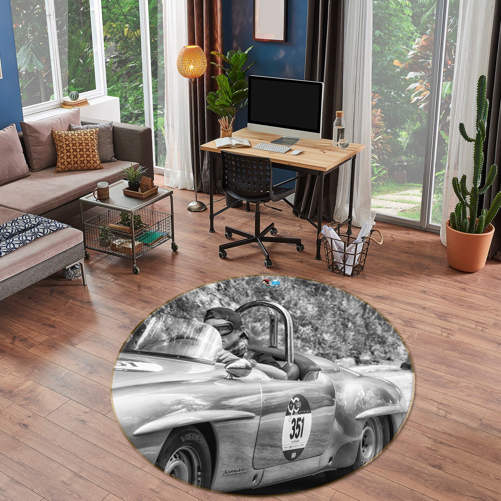 3D Black White Sports Car 74192 Round Non Slip Rug Mat