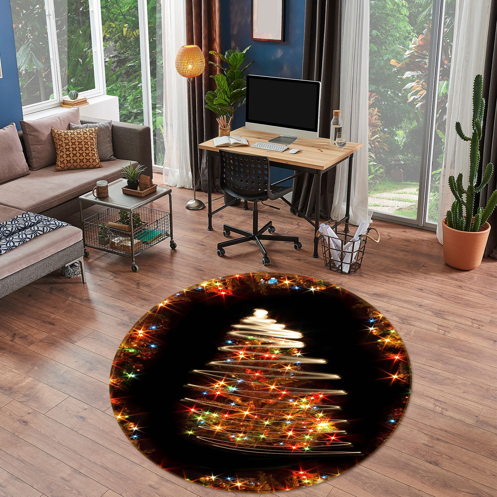 3D Color String Lights 54114 Christmas Round Non Slip Rug Mat Xmas