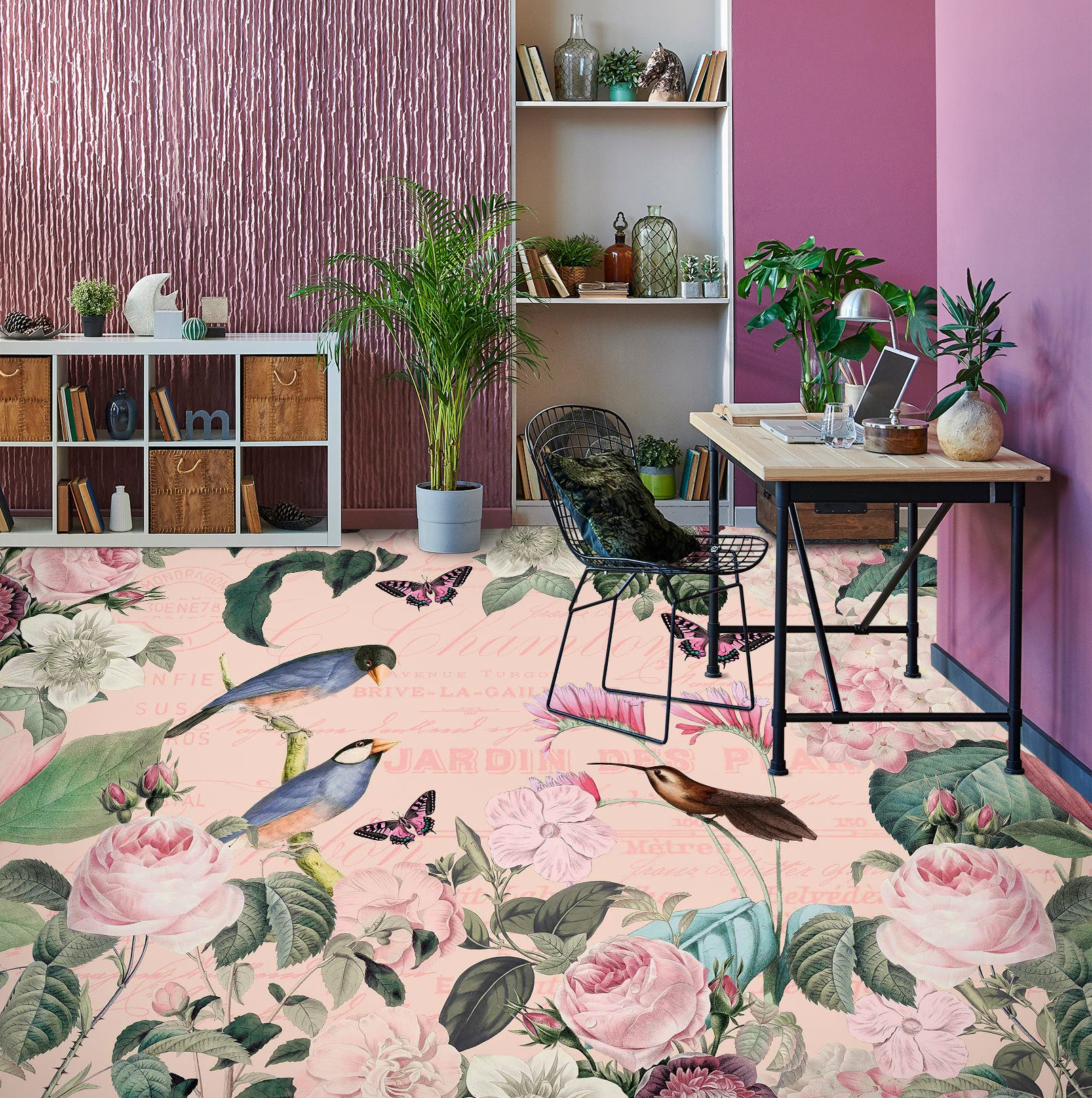 3D Pink Flower Bird Butterfly 10045 Andrea Haase Floor Mural