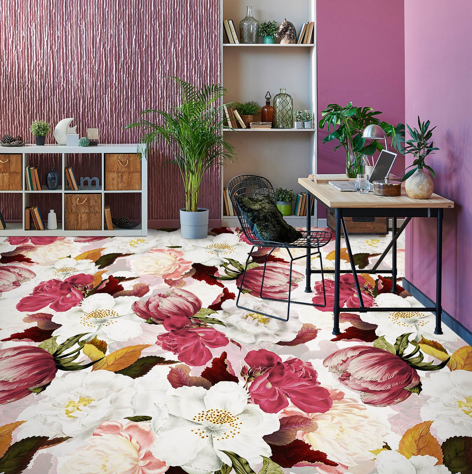 3D Pink White Flower Pattern 10014 Uta Naumann Floor Mural