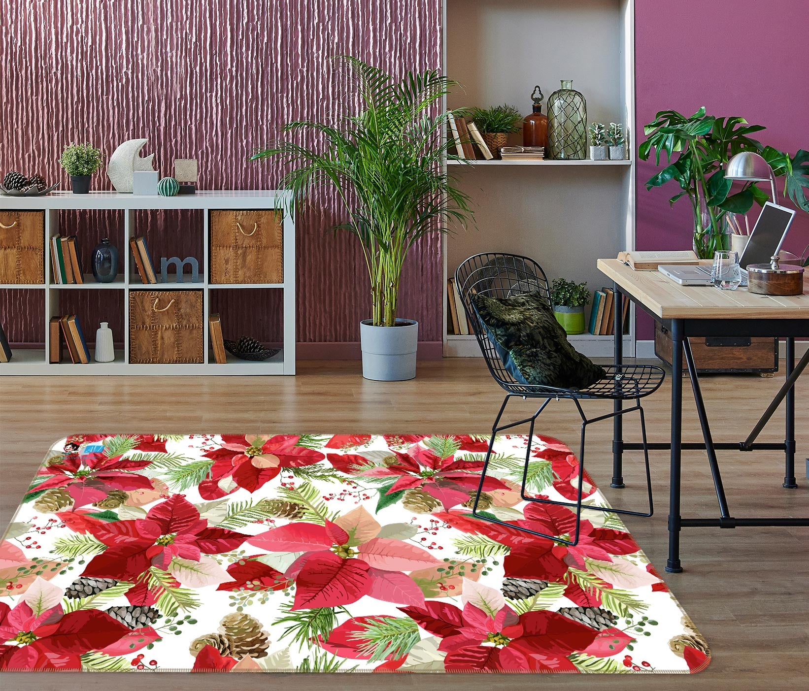 3D Red Leaves Flowers 54240 Christmas Non Slip Rug Mat Xmas