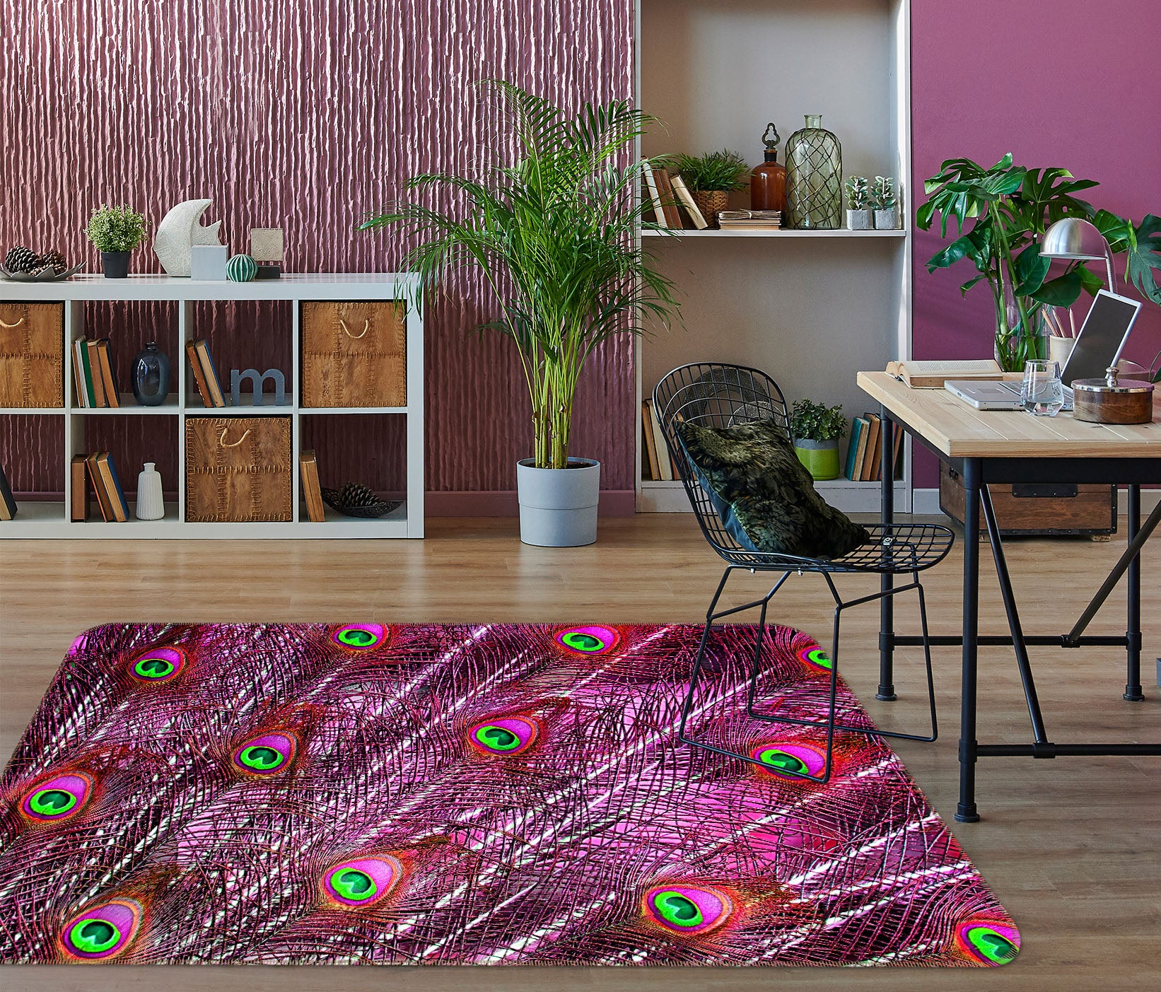 3D Fuchsia Peacock Feather 68211 Animal Non Slip Rug Mat