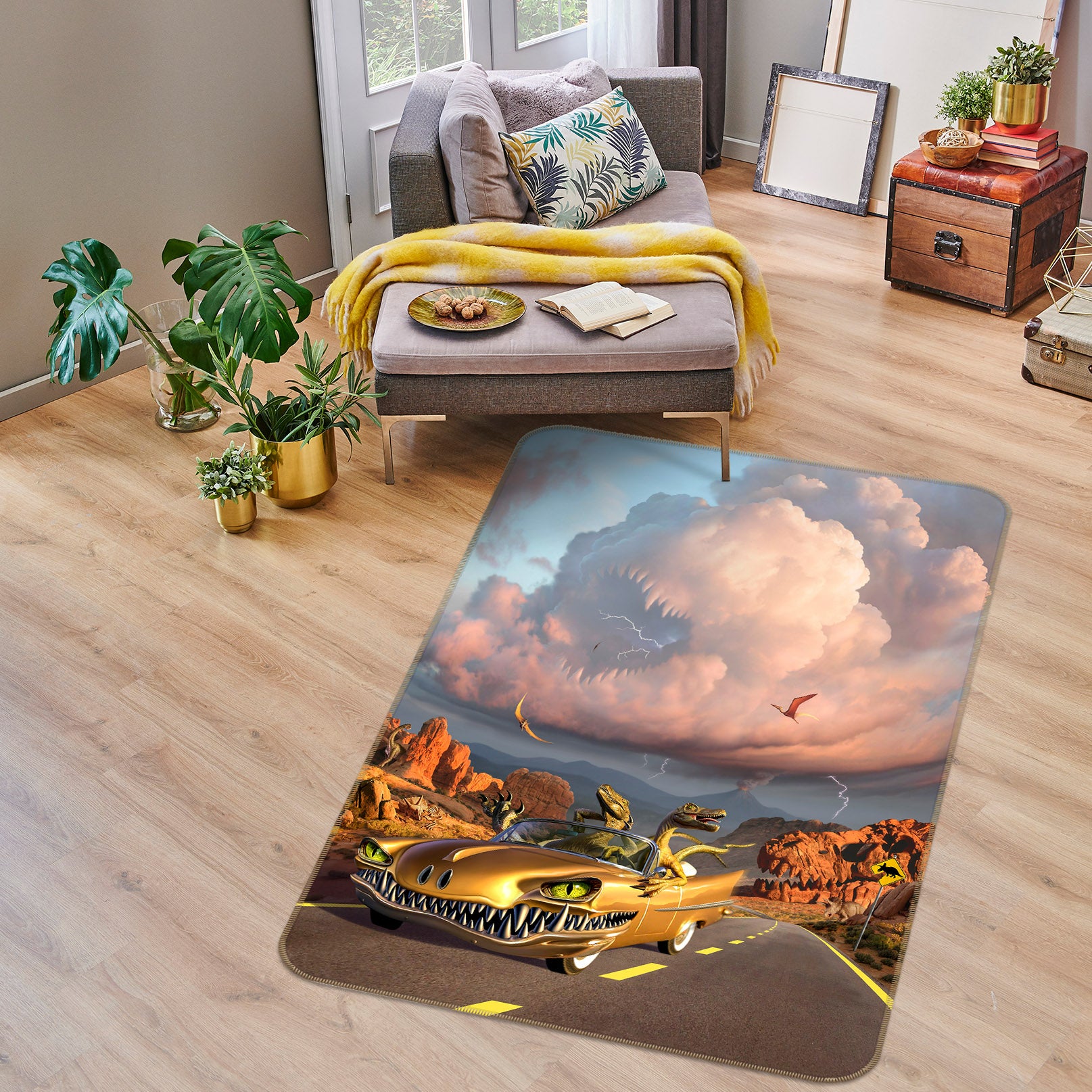 3D Car Dinosaur Clouds 83104 Jerry LoFaro Rug Non Slip Rug Mat