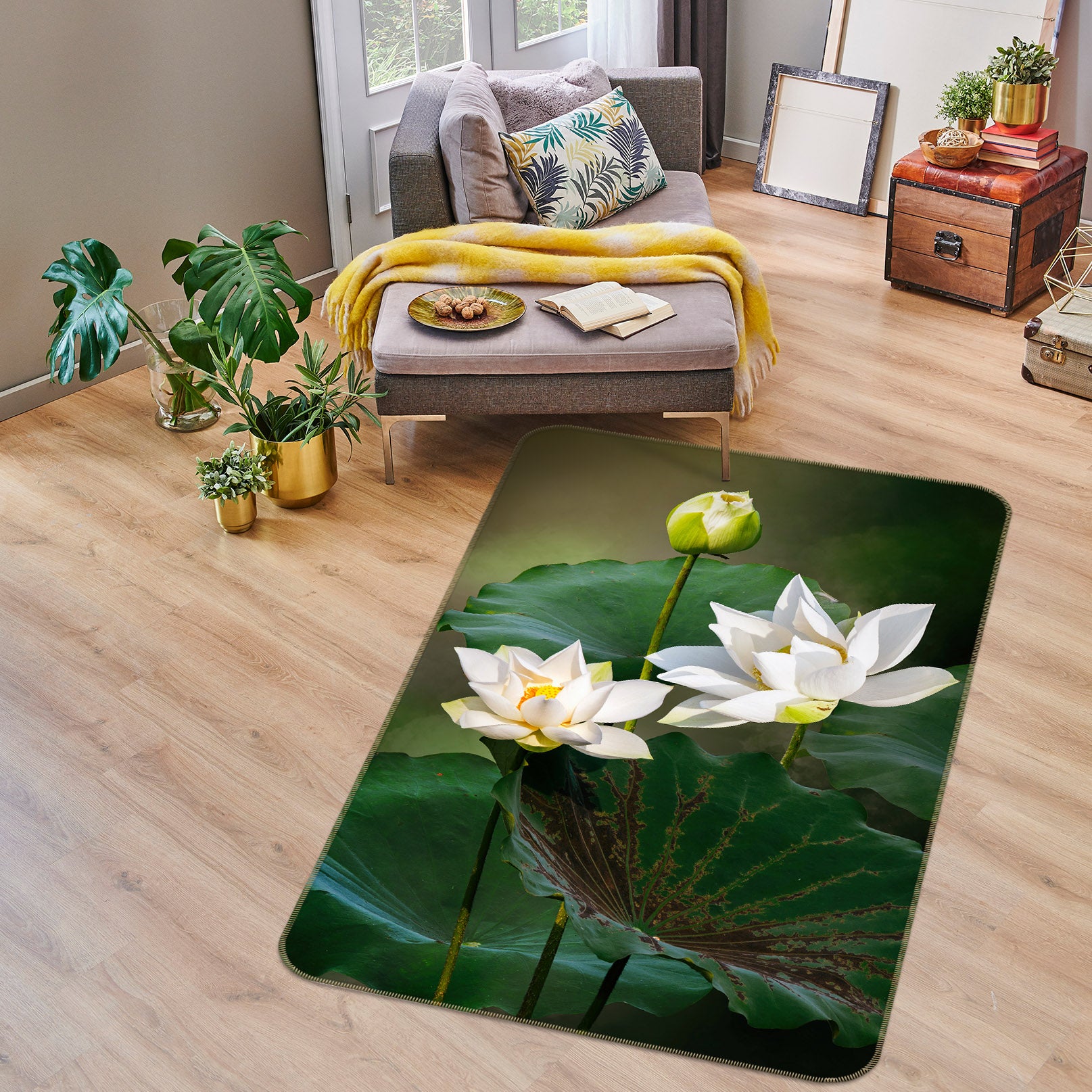 3D White Lotus 26100 Non Slip Rug Mat