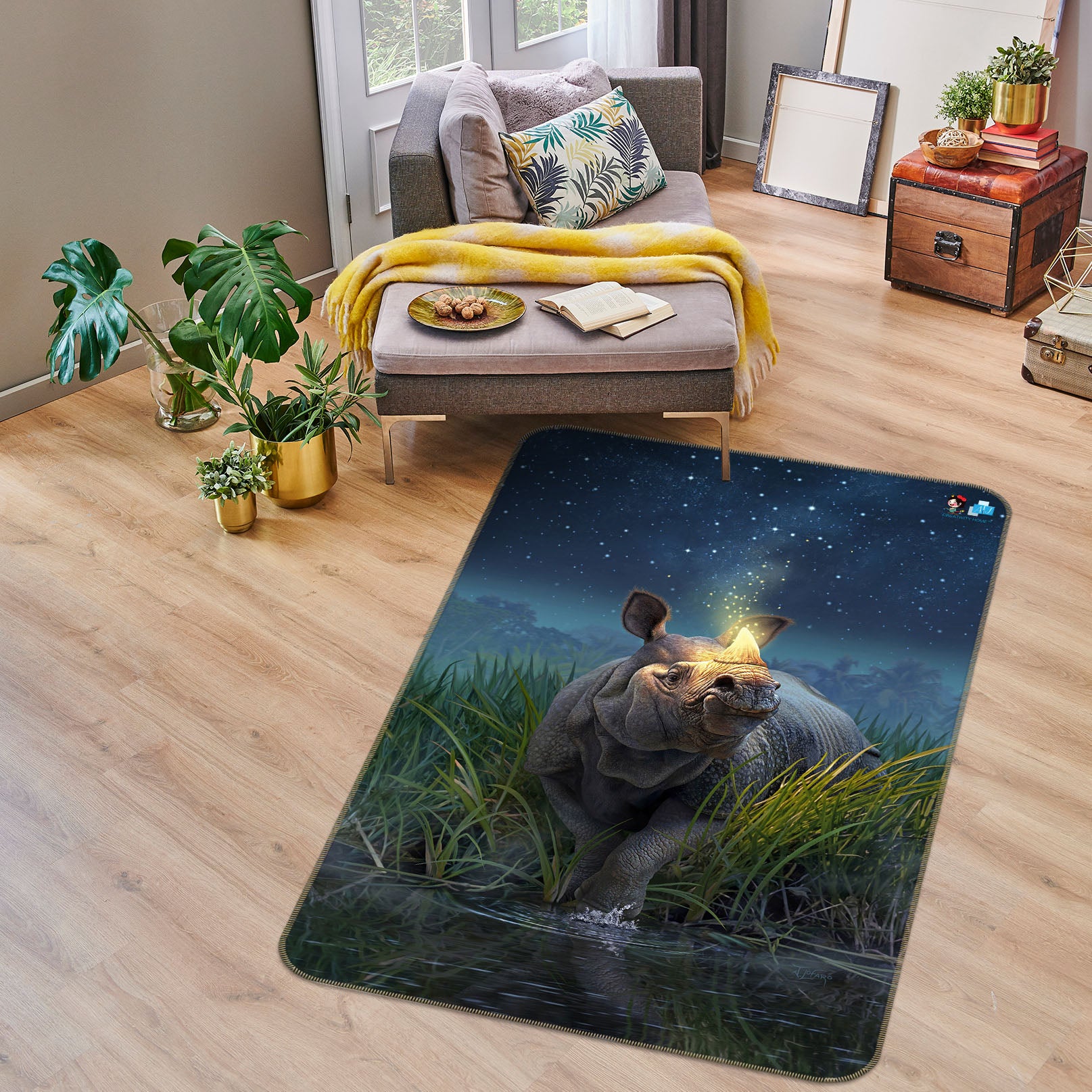 3D Rhinoceros Unicornis 85098 Jerry LoFaro Rug Non Slip Rug Mat