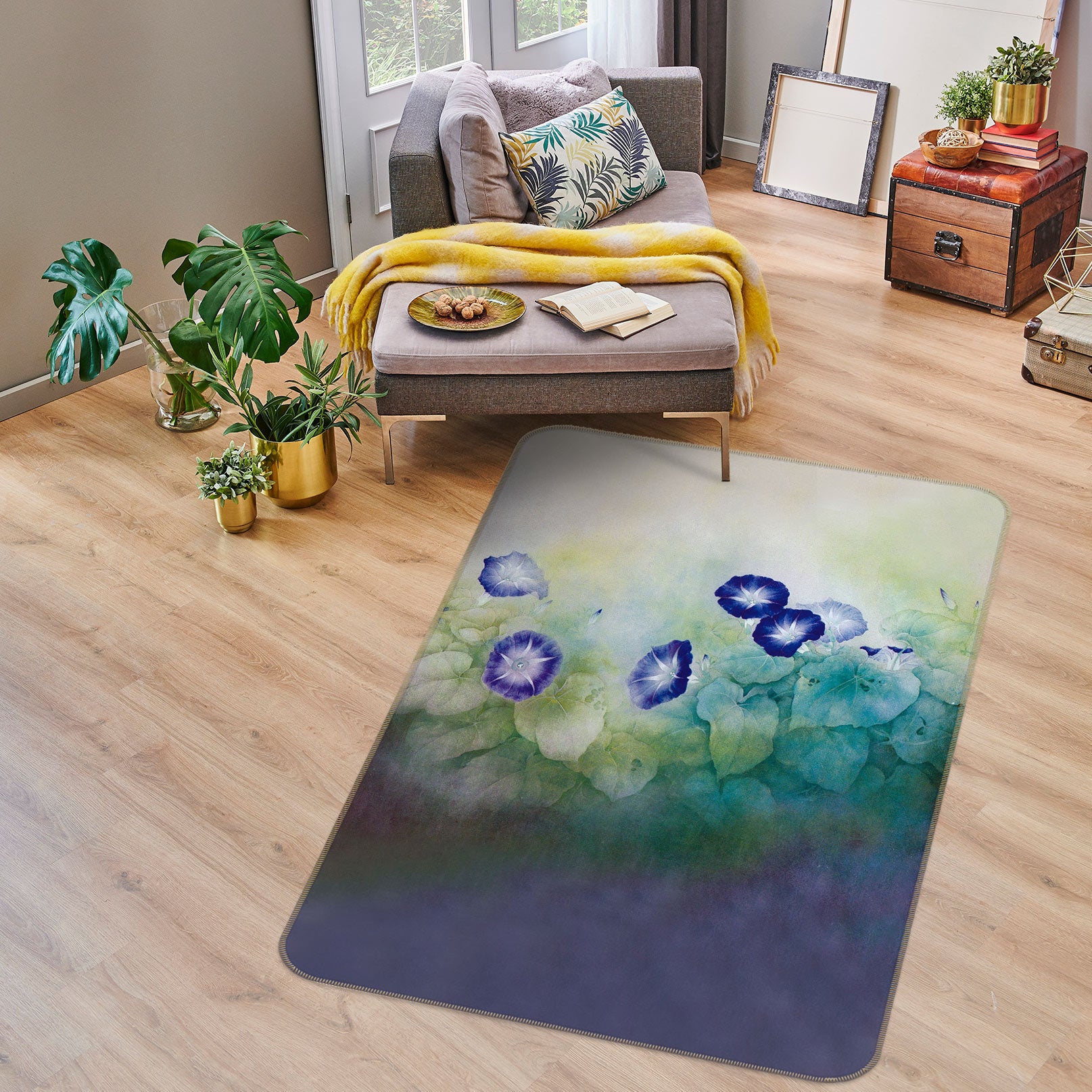 3D Blue Flower Leaves 76080 Non Slip Rug Mat
