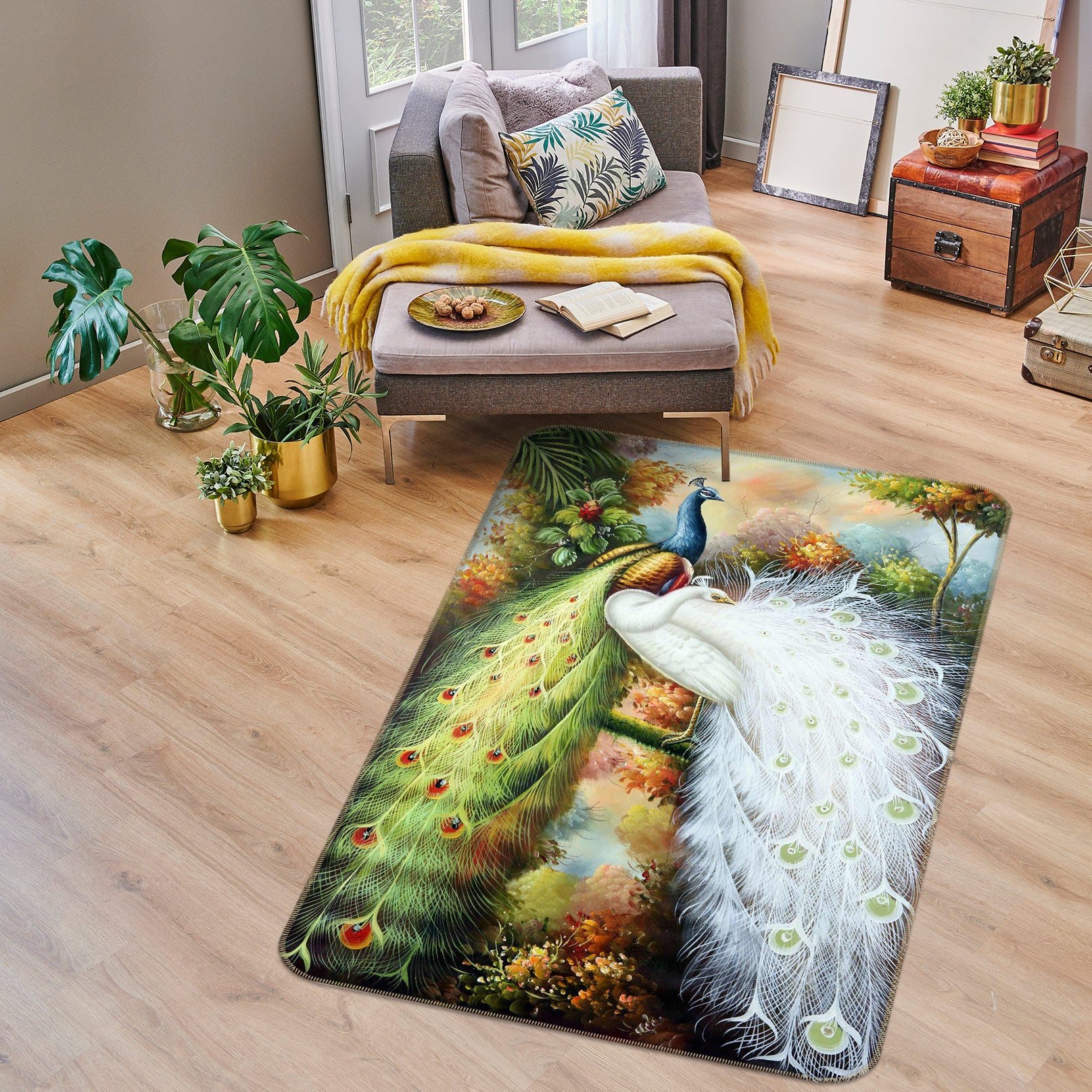 3D Green White Peacock 27041 Non Slip Rug Mat
