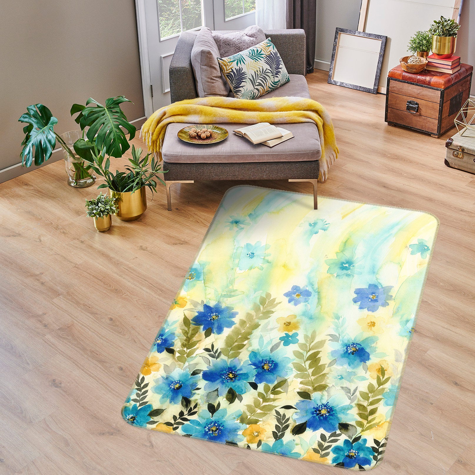 3D Blue Flowers 27007 Non Slip Rug Mat