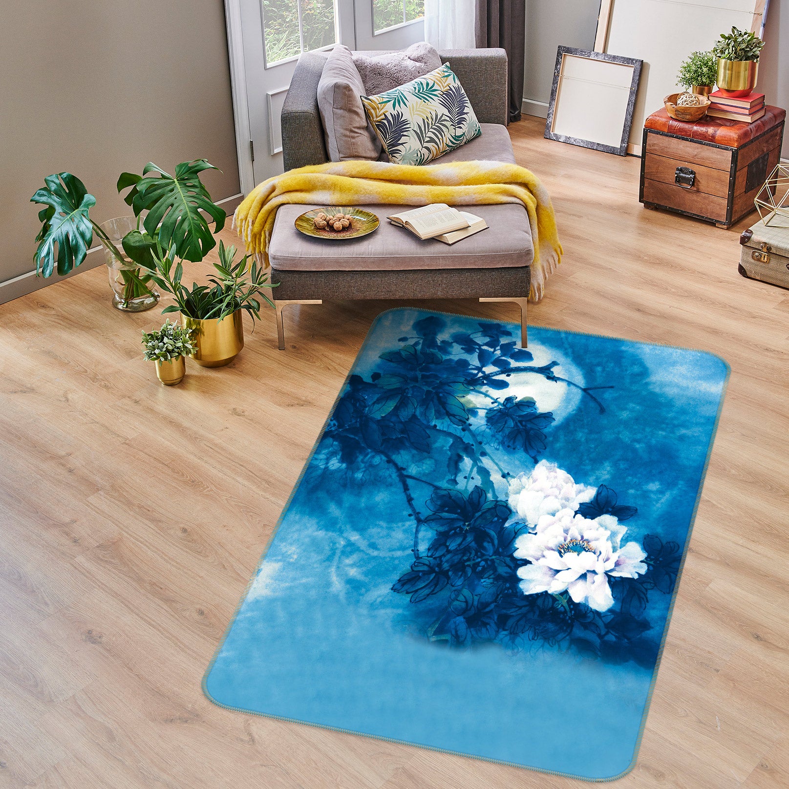 3D White Blue Flowers 76082 Non Slip Rug Mat