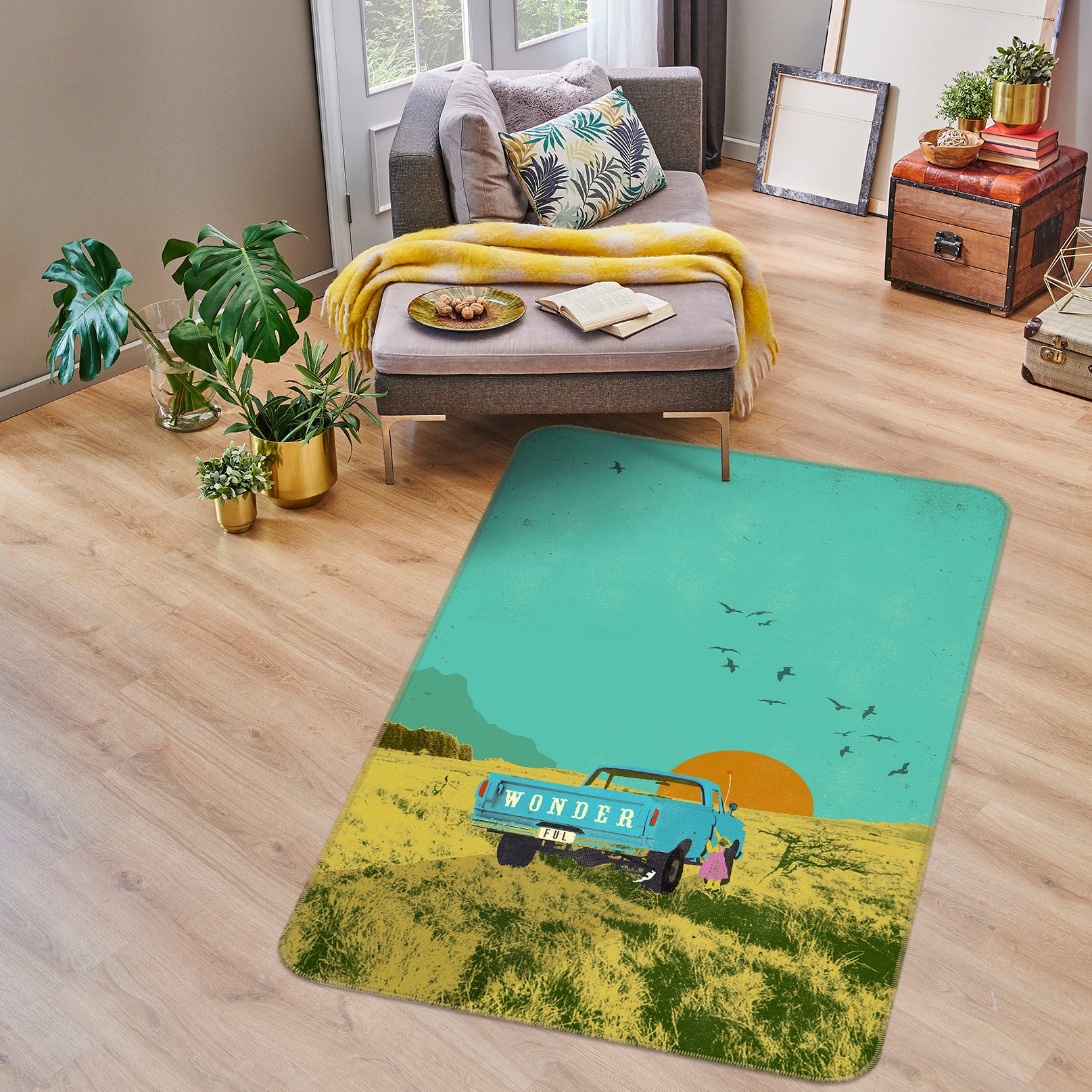 3D Grassland Car Sunrise 84111 Showdeer Rug Non Slip Rug Mat