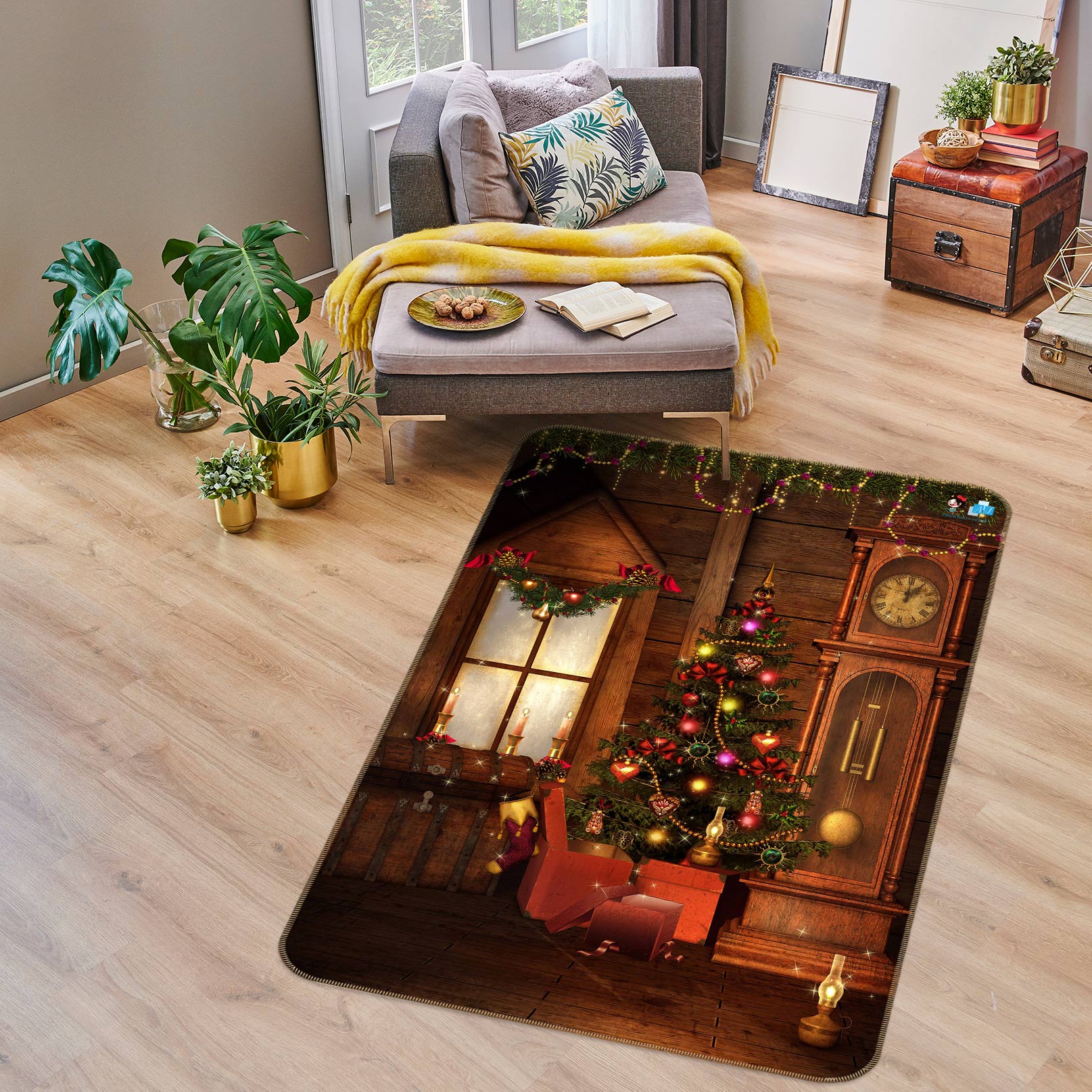 3D Window Clock 55029 Christmas Non Slip Rug Mat Xmas