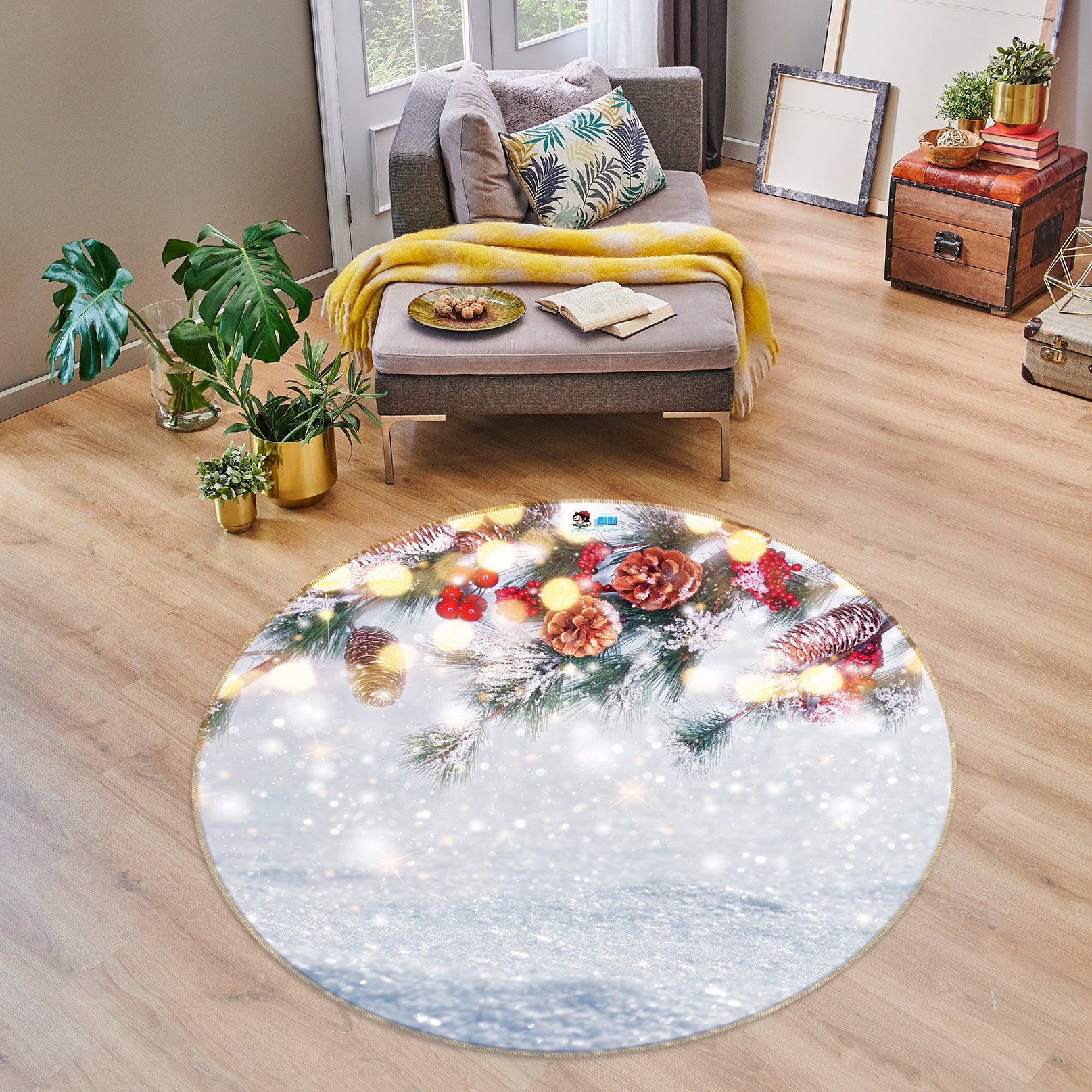 3D Snow Branches 54100 Christmas Round Non Slip Rug Mat Xmas