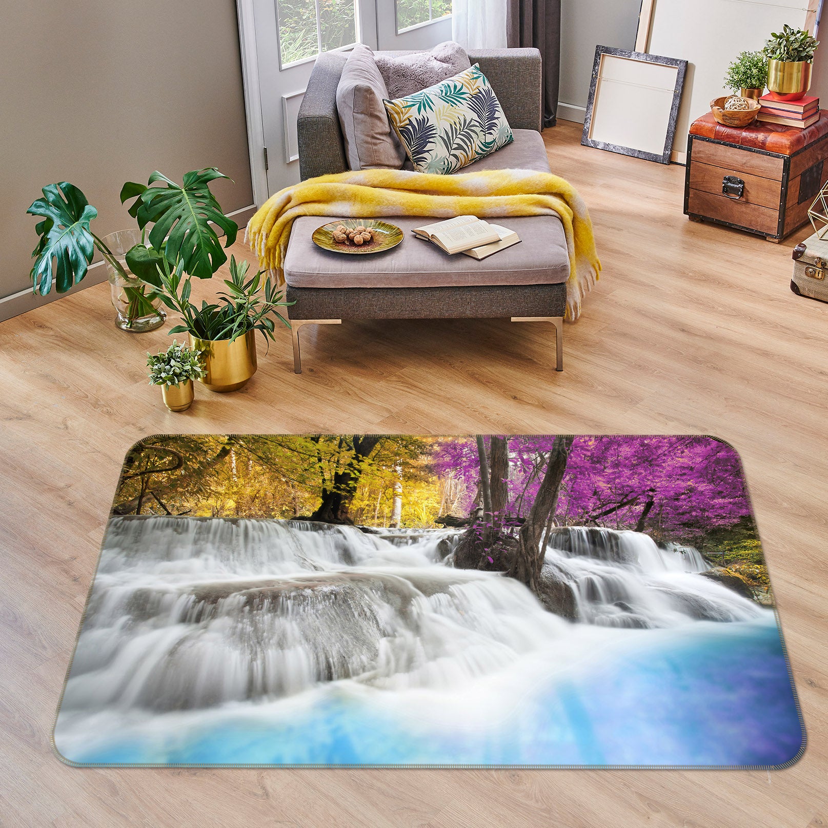 3D Yellow Purple Tree Waterfall 65088 Non Slip Rug Mat
