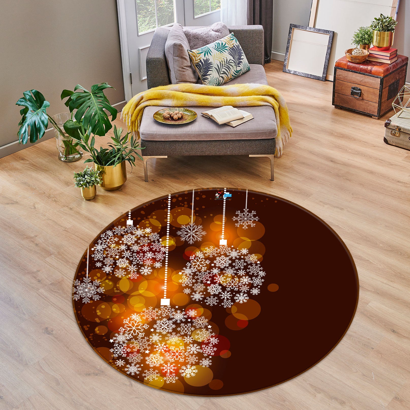 3D Snow Globe Pendant 54130 Christmas Round Non Slip Rug Mat Xmas