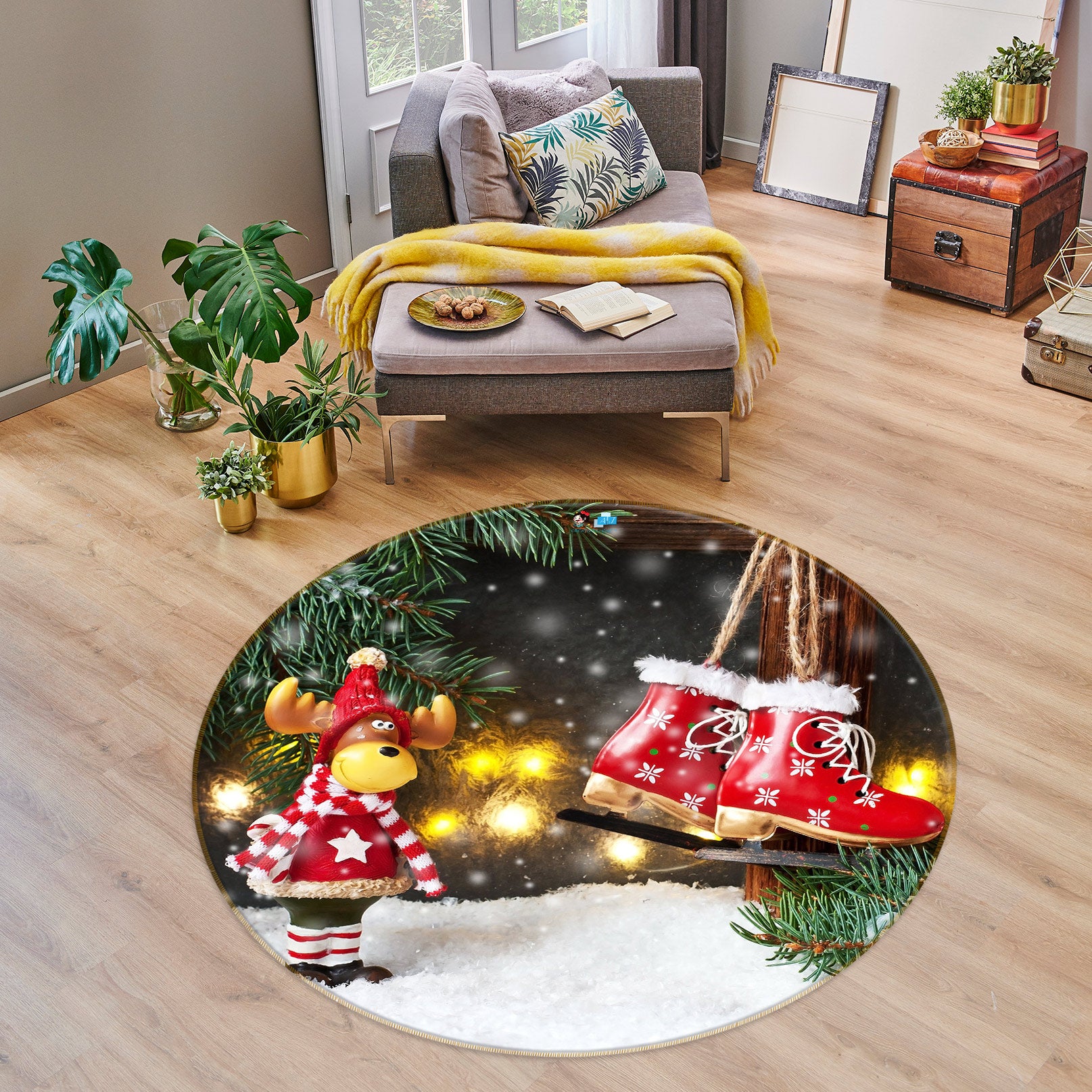 3D Snowshoe Deer 54101 Christmas Round Non Slip Rug Mat Xmas