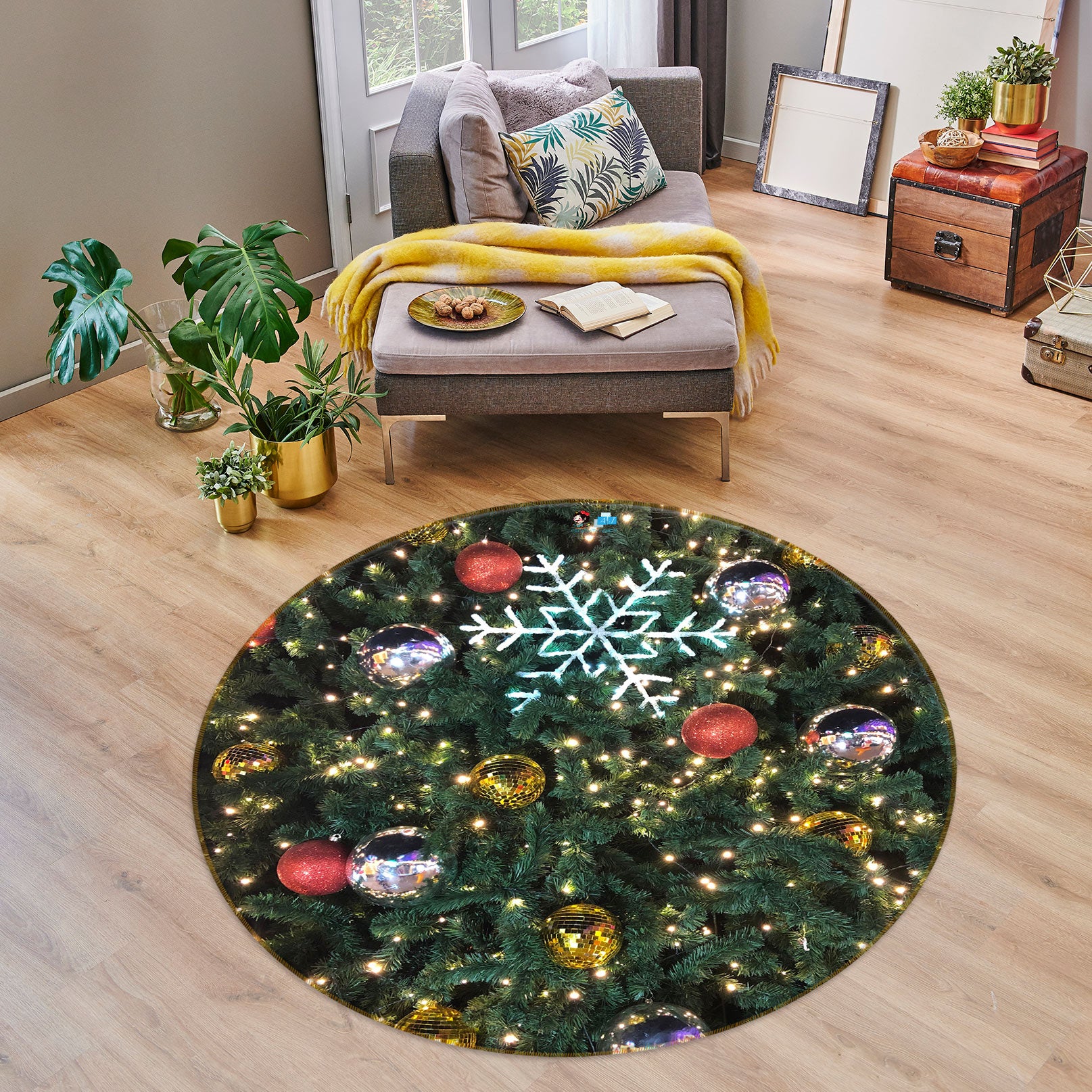 3D Tree Ball Snowflake Pendant 54079 Christmas Round Non Slip Rug Mat Xmas