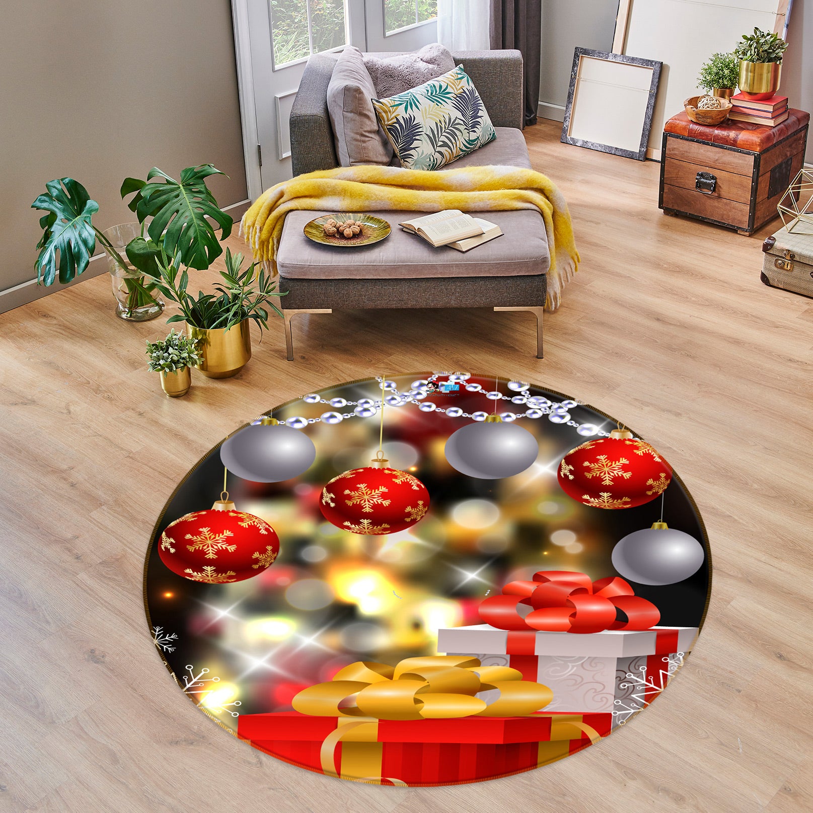 3D Ball Gift Box 54037 Christmas Round Non Slip Rug Mat Xmas
