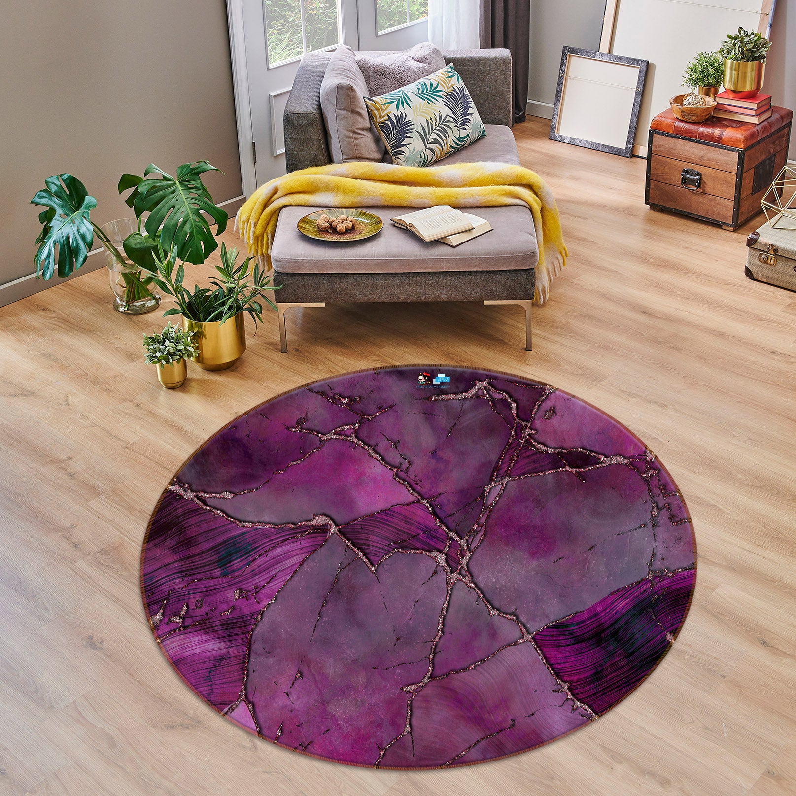 3D Purple Block 83075 Andrea haase Rug Round Non Slip Rug Mat
