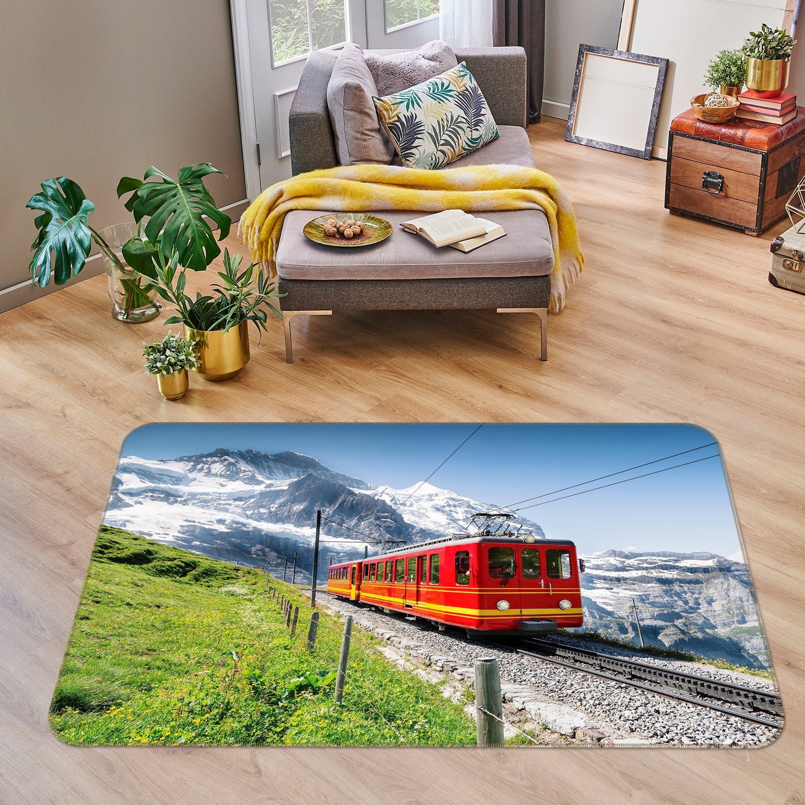 3D Snow Mountain Grassland Red Train 68110 Vehicle Non Slip Rug Mat