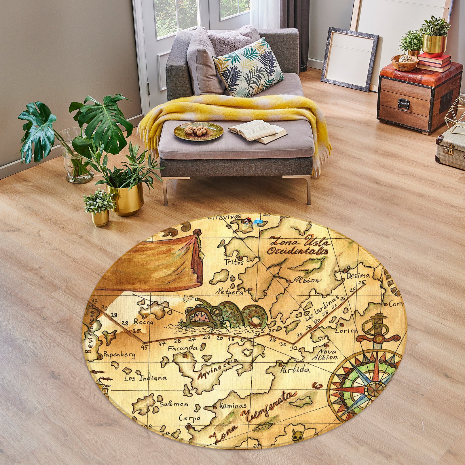 3D Yellow Retro Map 72171 Round Non Slip Rug Mat