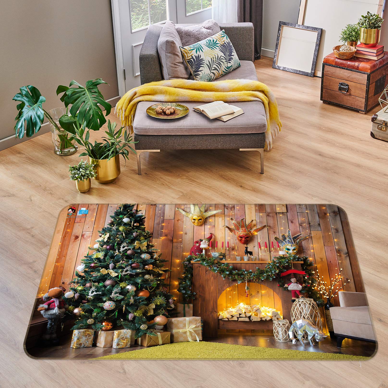 3D Tree Fireplace 55004 Christmas Non Slip Rug Mat Xmas