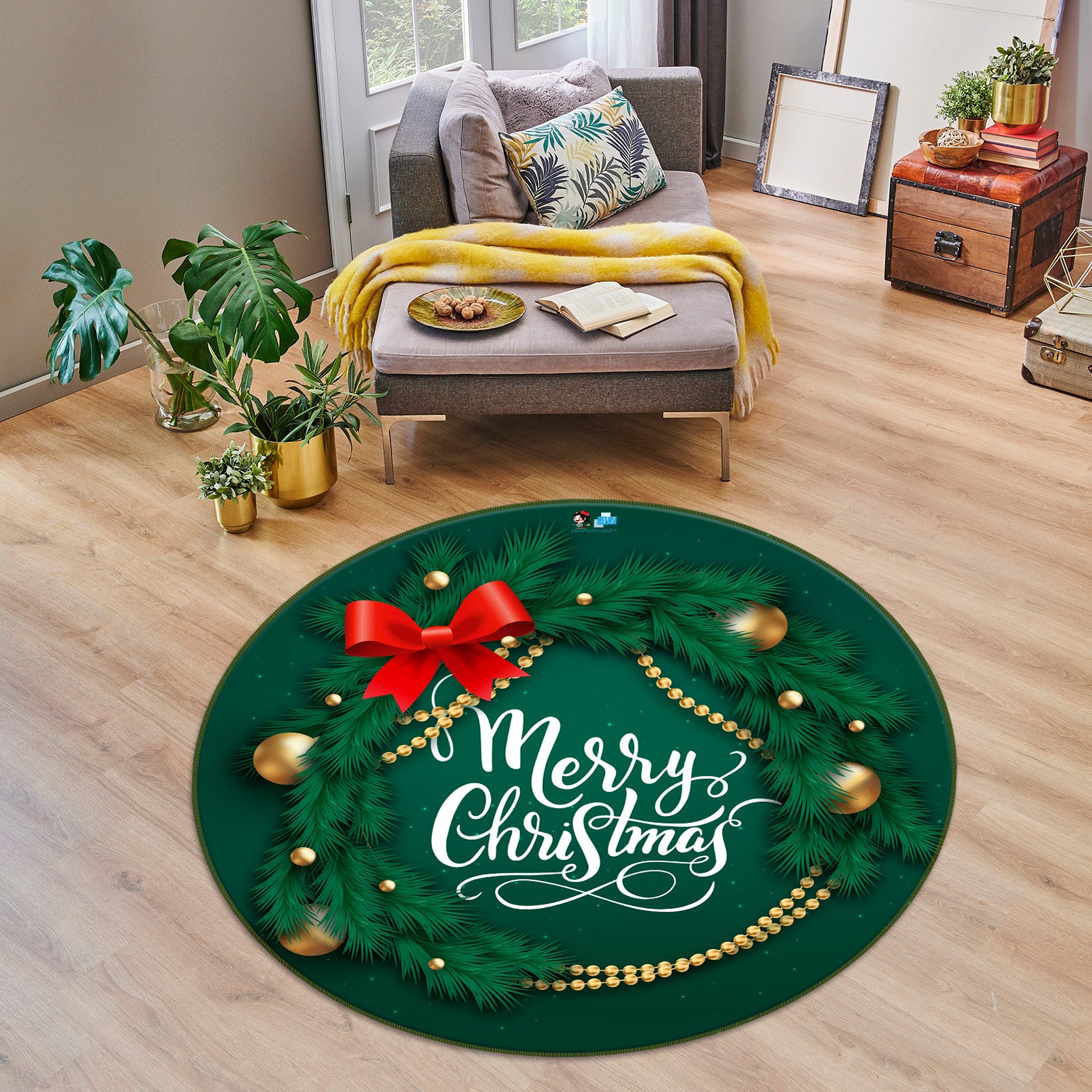 3D Green Christmas Tree 75014 Round Non Slip Rug Mat