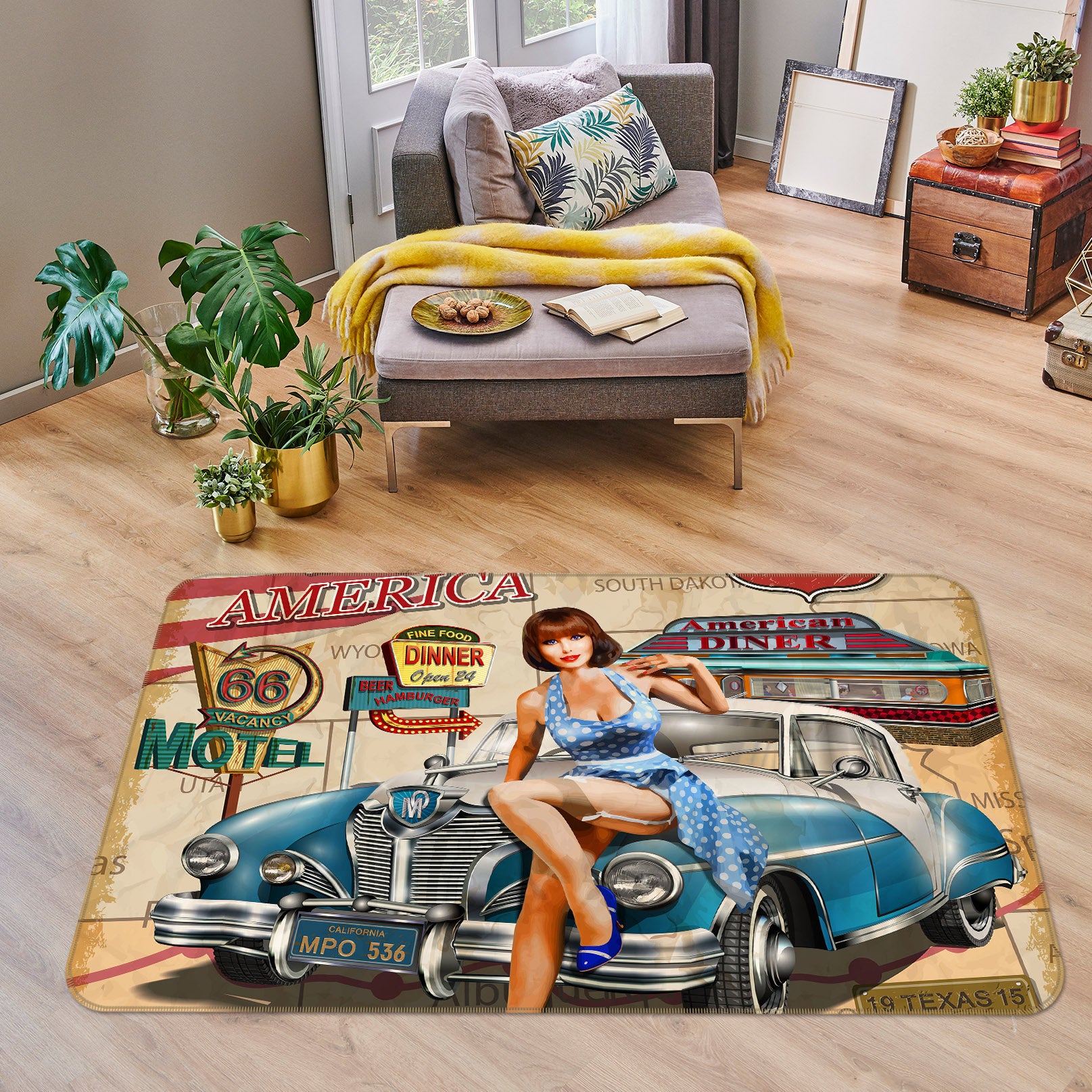 3D Retro Beauty Blue Car 68072 Vehicle Non Slip Rug Mat