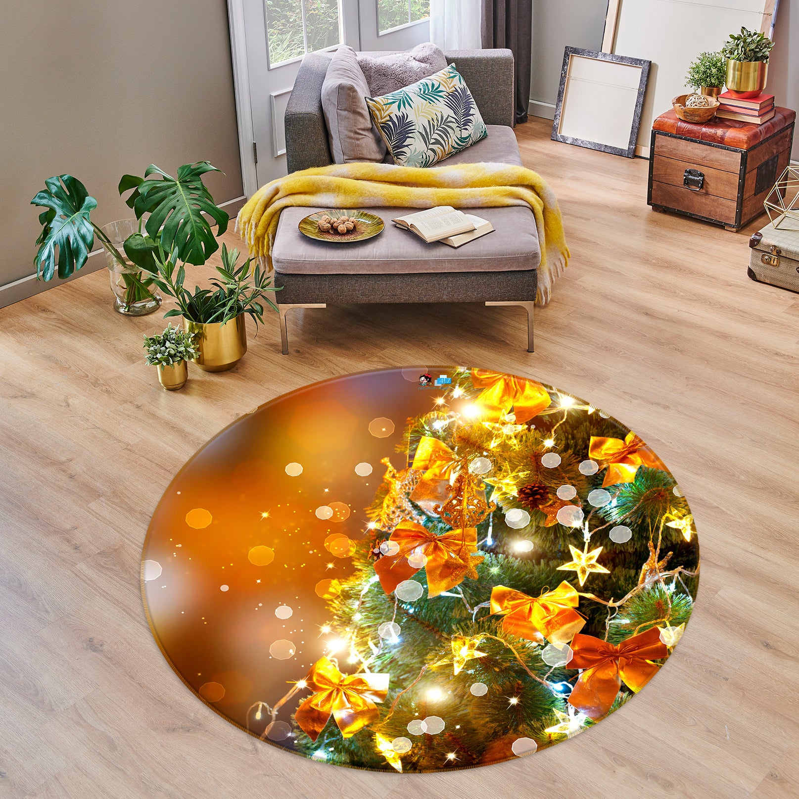 3D Golden Bow 54016 Christmas Round Non Slip Rug Mat Xmas
