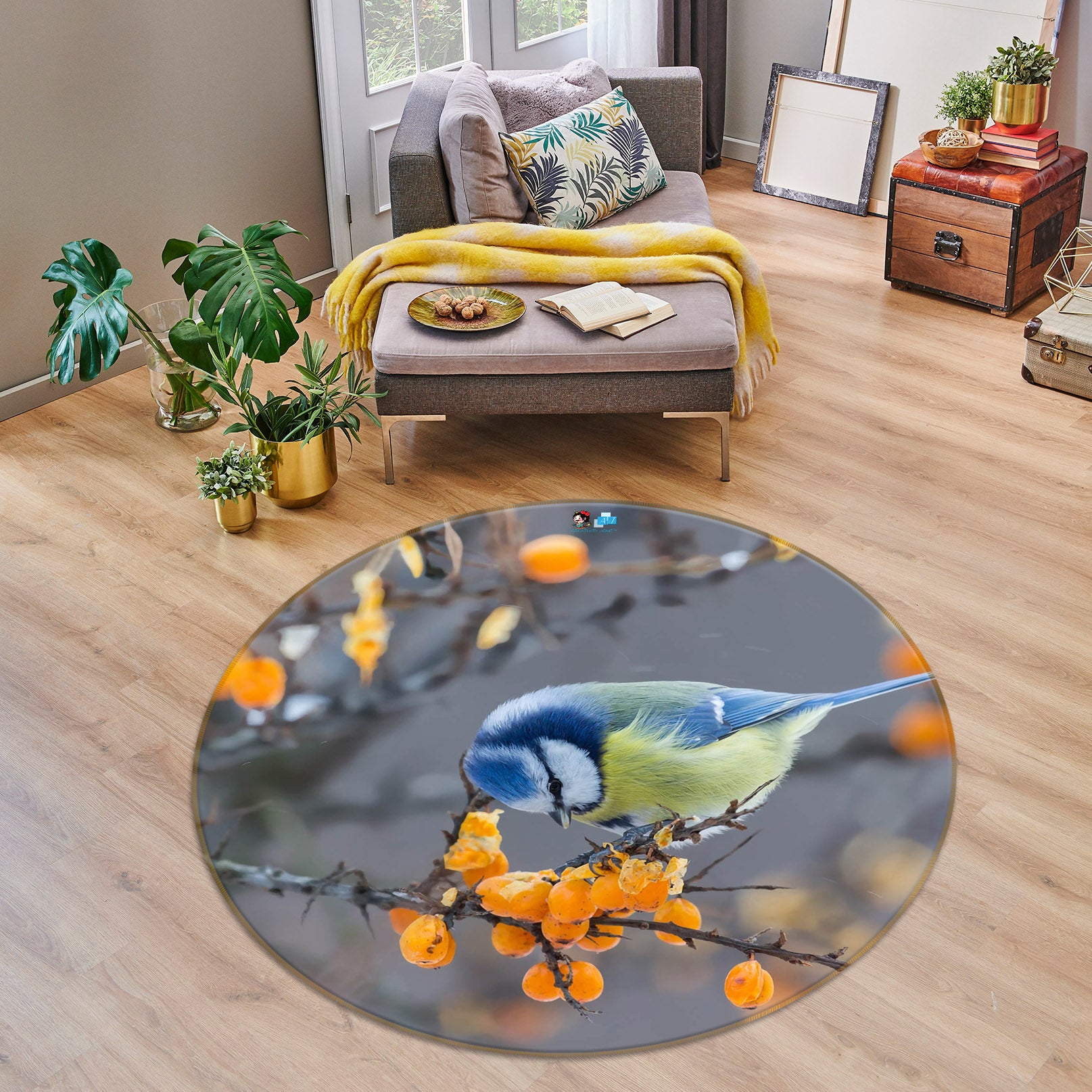 3D Flower Branch Bird 75031 Round Non Slip Rug Mat