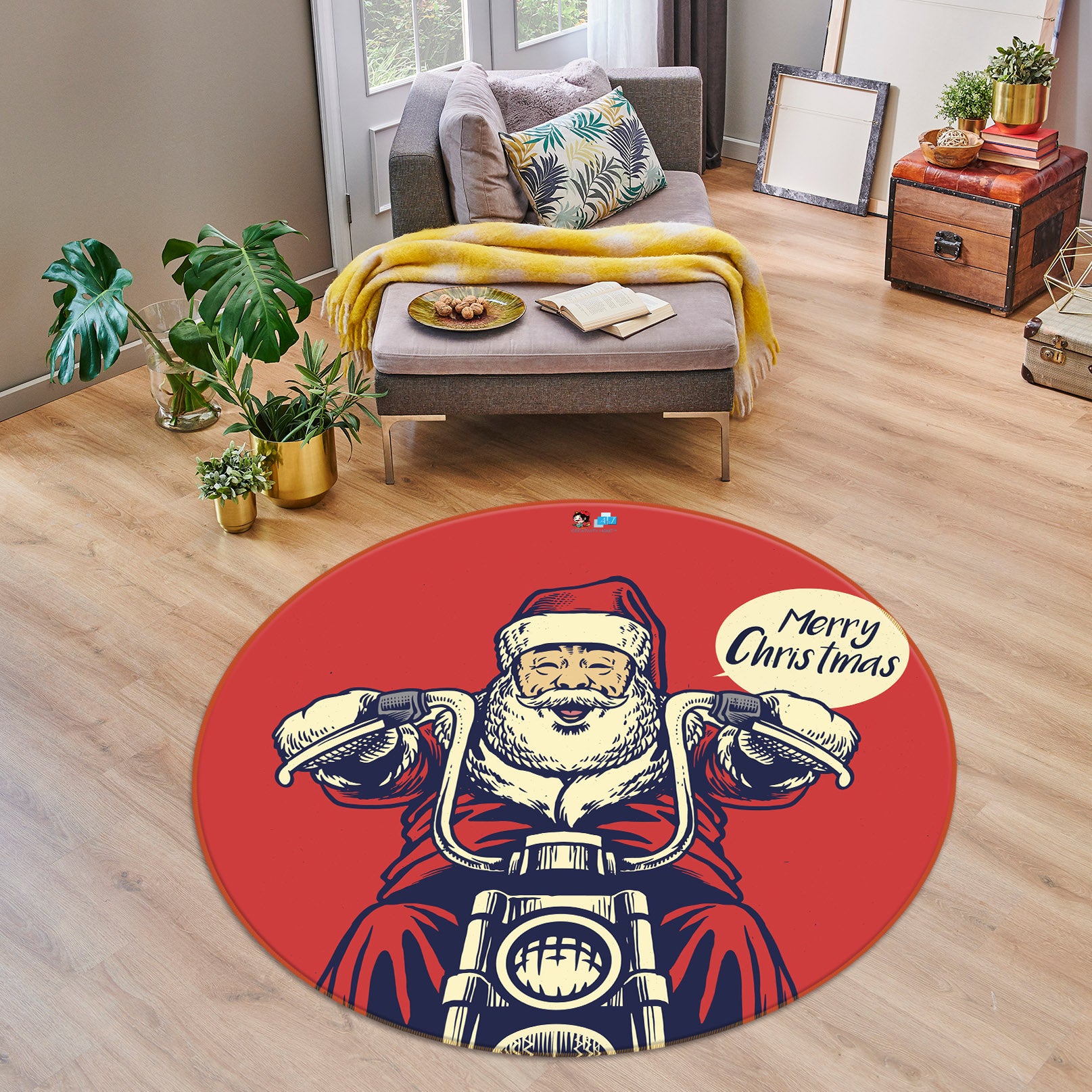 3D Motorcycle Santa 74273 Round Non Slip Rug Mat