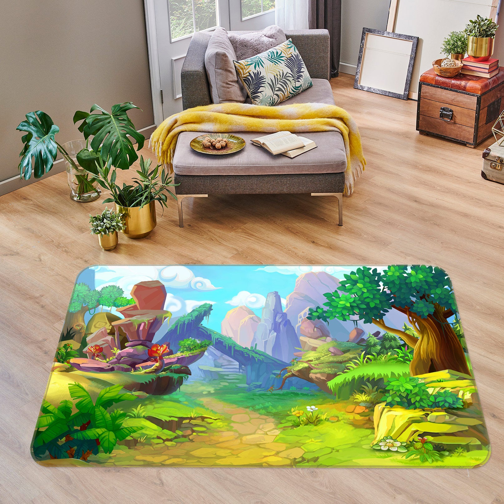 3D Cartoon Mountain Tree 77137 Non Slip Rug Mat