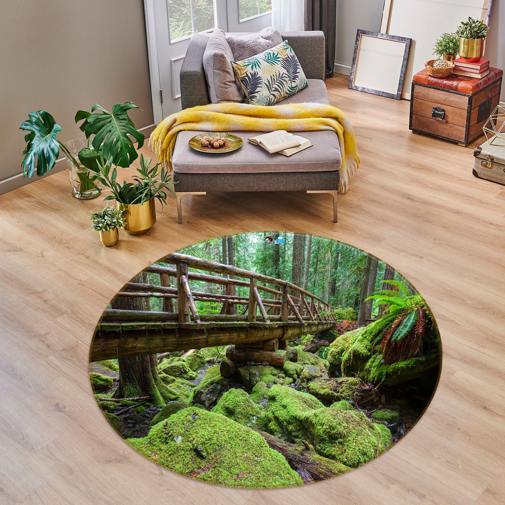 3D Wooden Bridge Jungle 80276 Round Non Slip Rug Mat