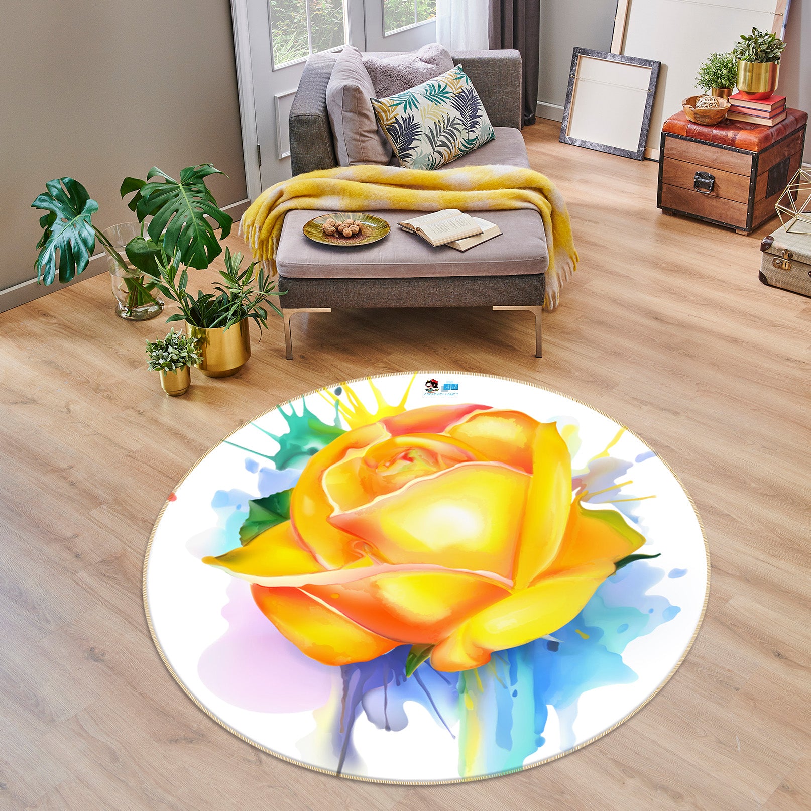 3D Yellow Rose 74216 Round Non Slip Rug Mat