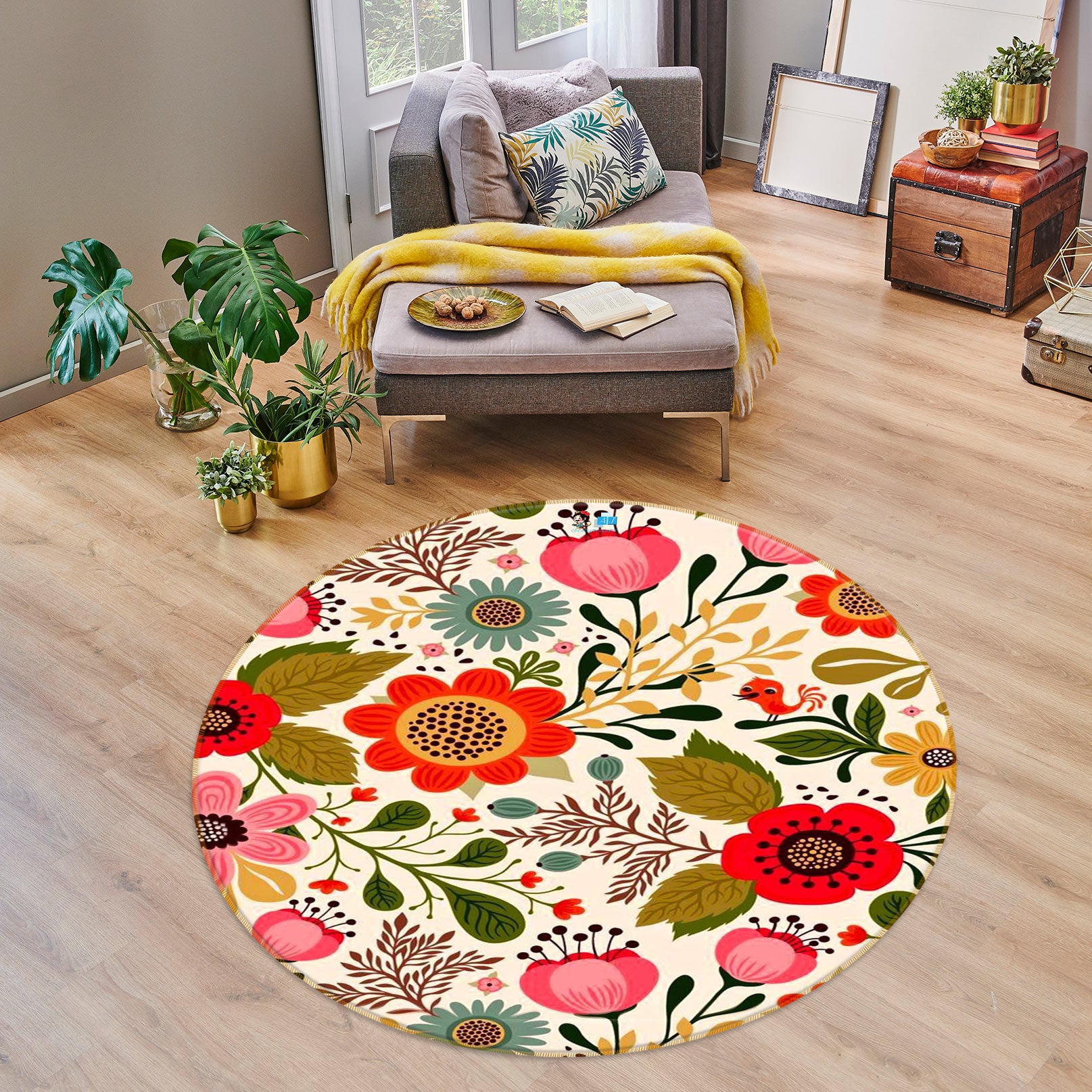 3D Flower Pattern 72228 Round Non Slip Rug Mat