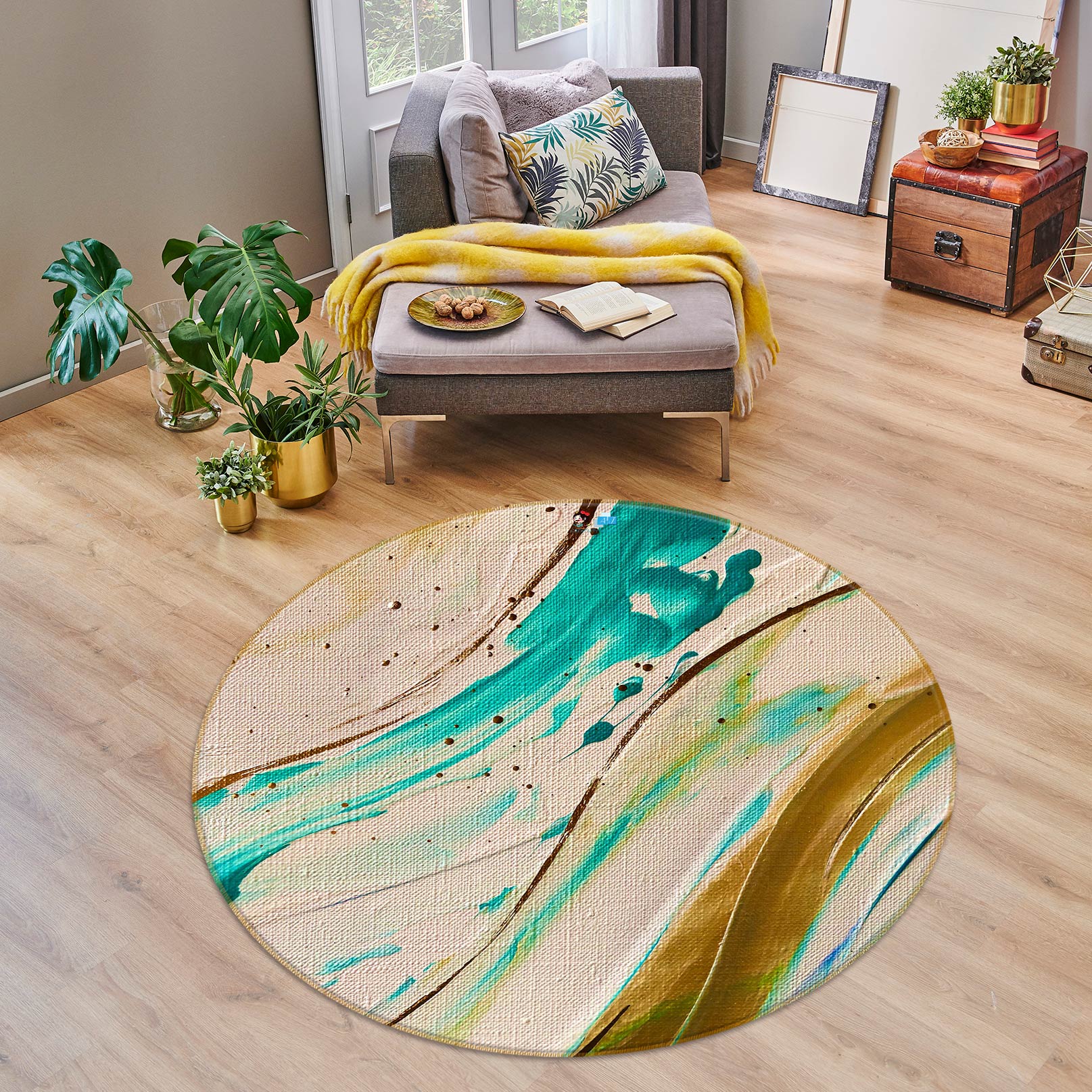 3D Blue Watercolor 738 Skromova Marina Rug Round Non Slip Rug Mat